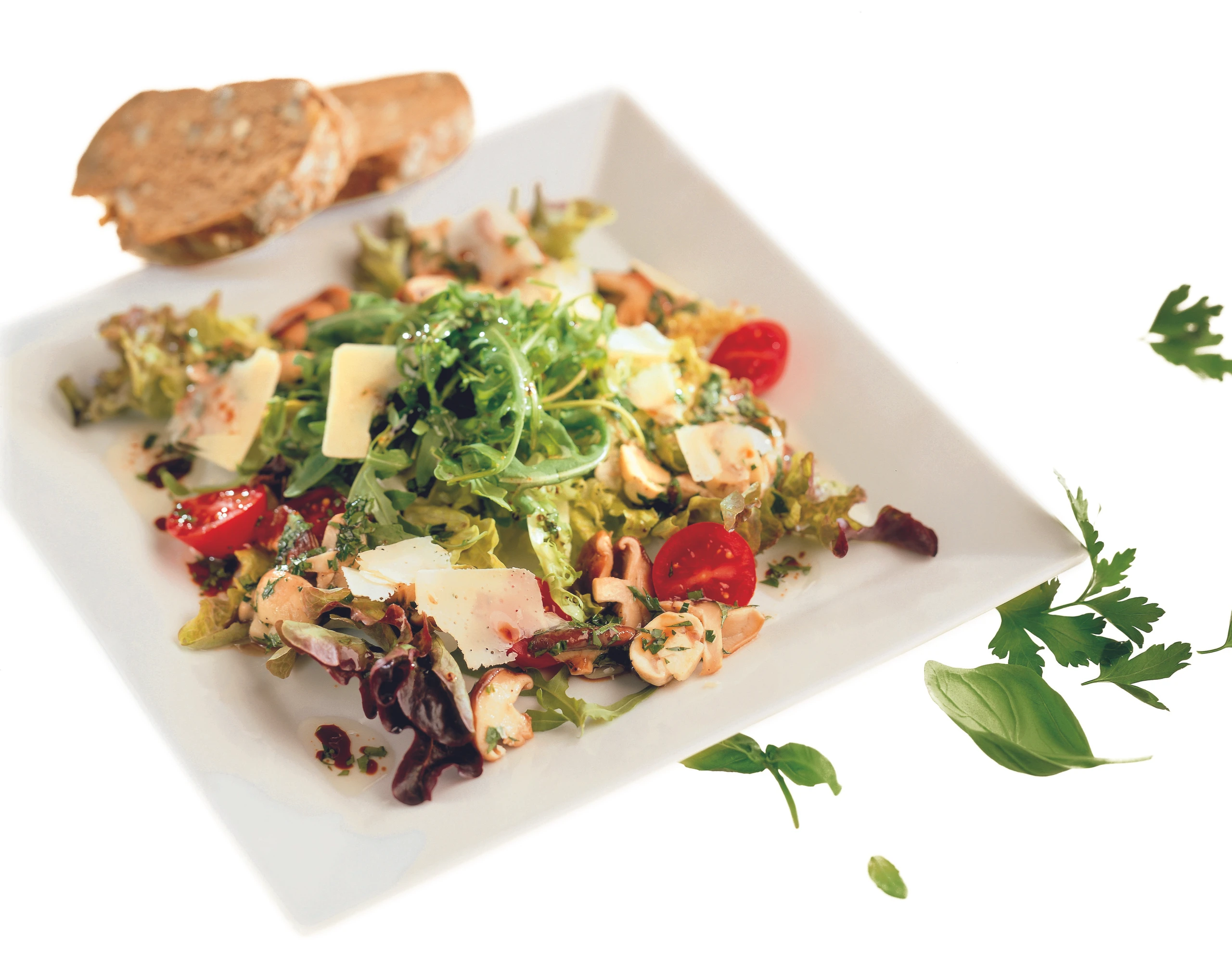 Blattsalate mit Rucola, Parmesan und Kräutermarinade