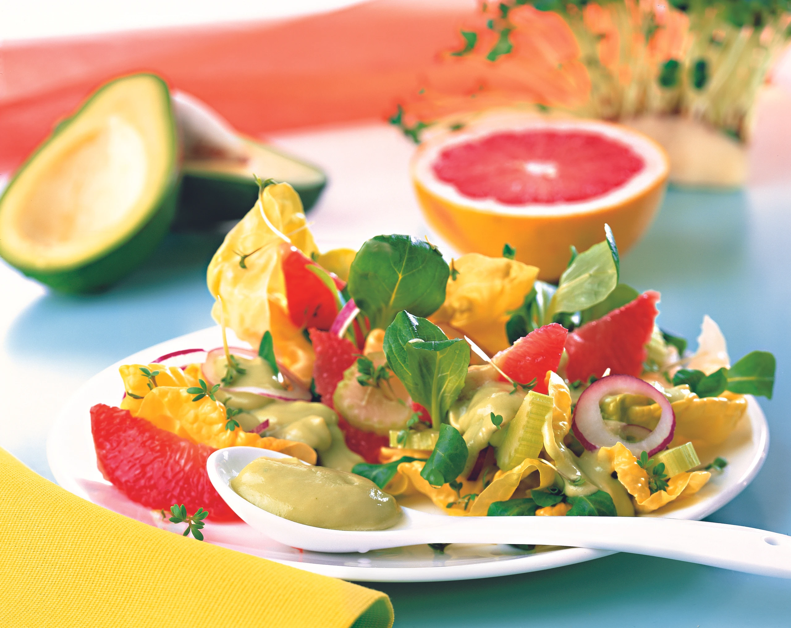 Salat mit Grapefruit und Avocado-Dressing