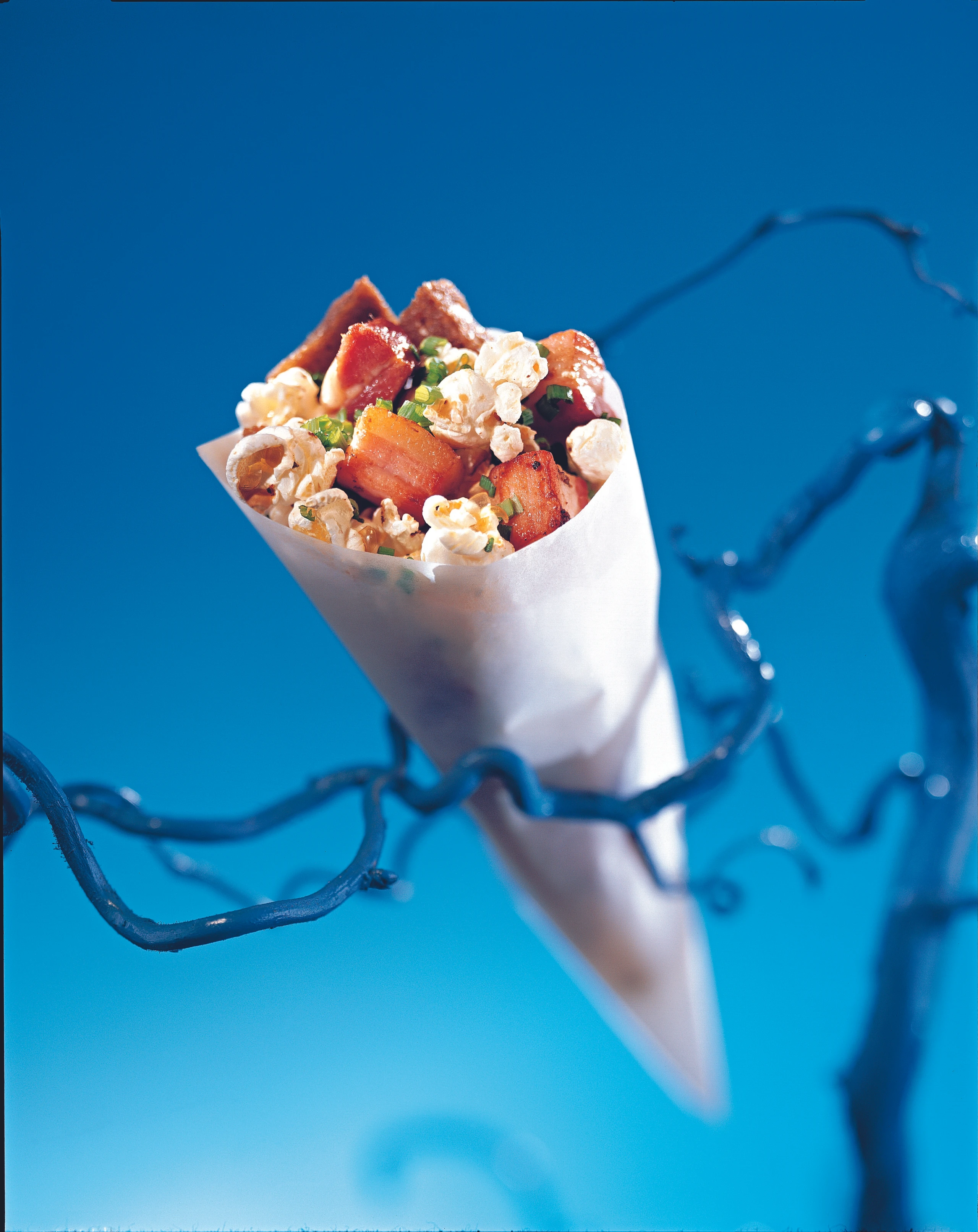 Popcorn mit Speck und Croutons