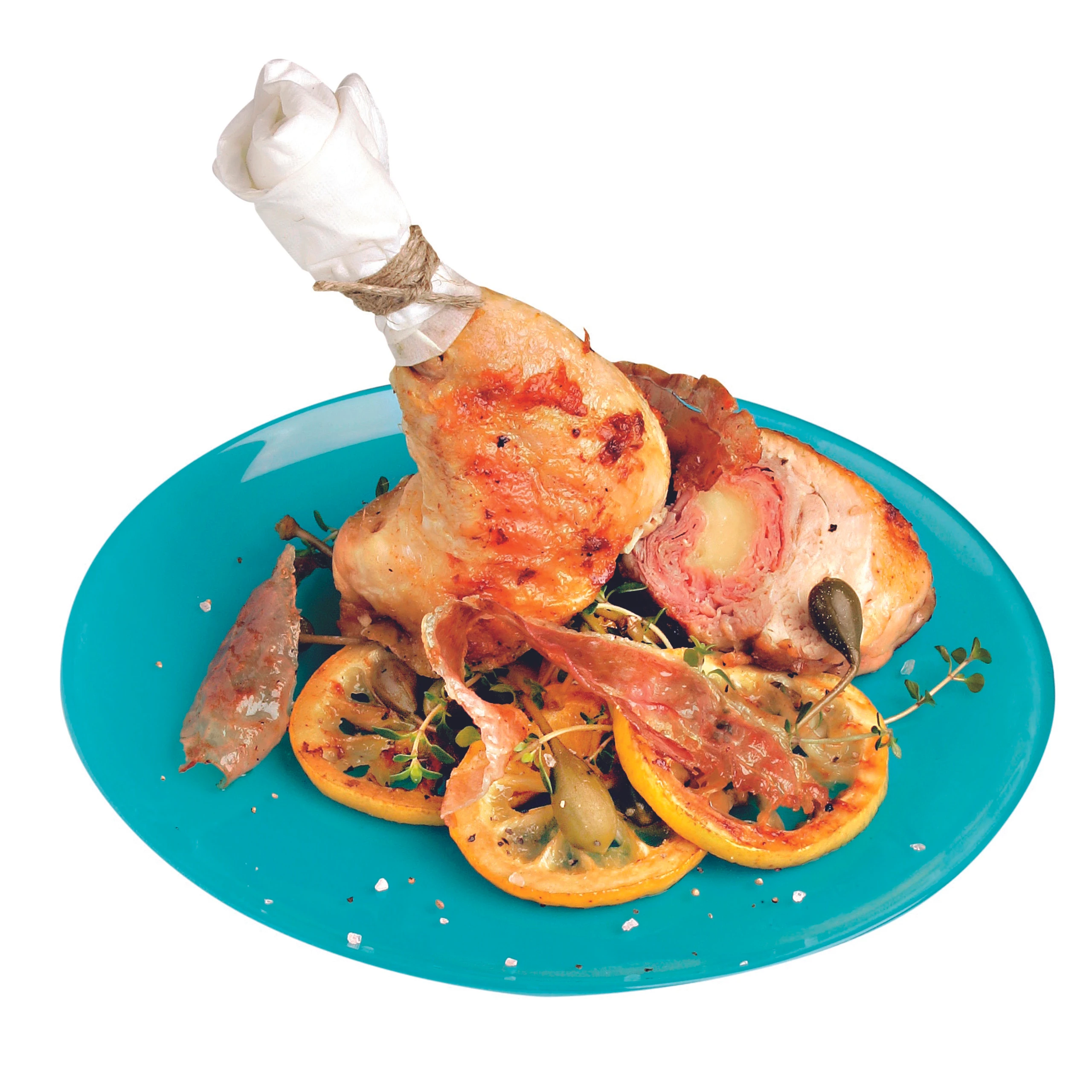 Gefüllte Hühnerkeulen mit Schafkäse, Prosciutto und Zitronen