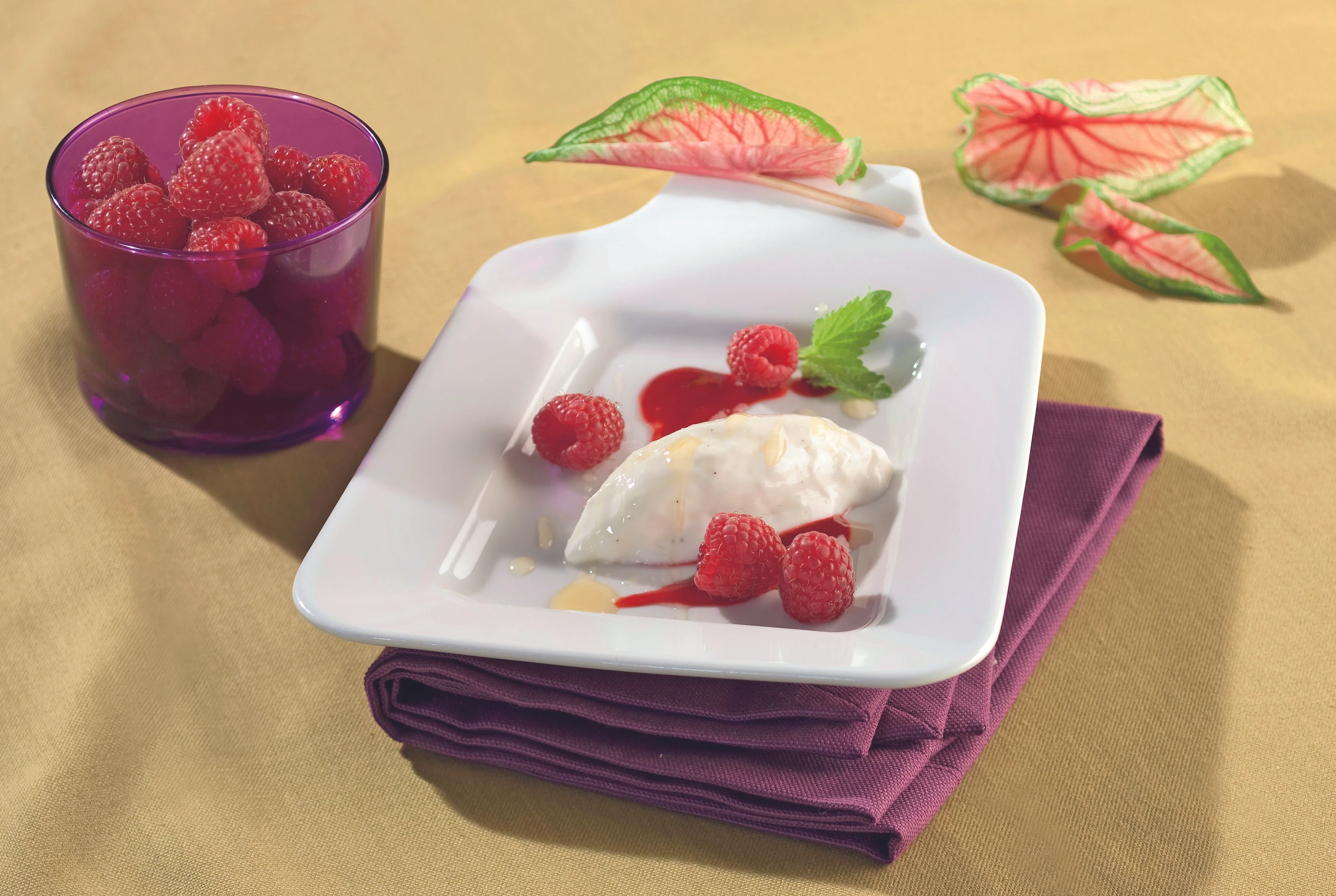 Honig-Vanillemousse mit Himbeersauce