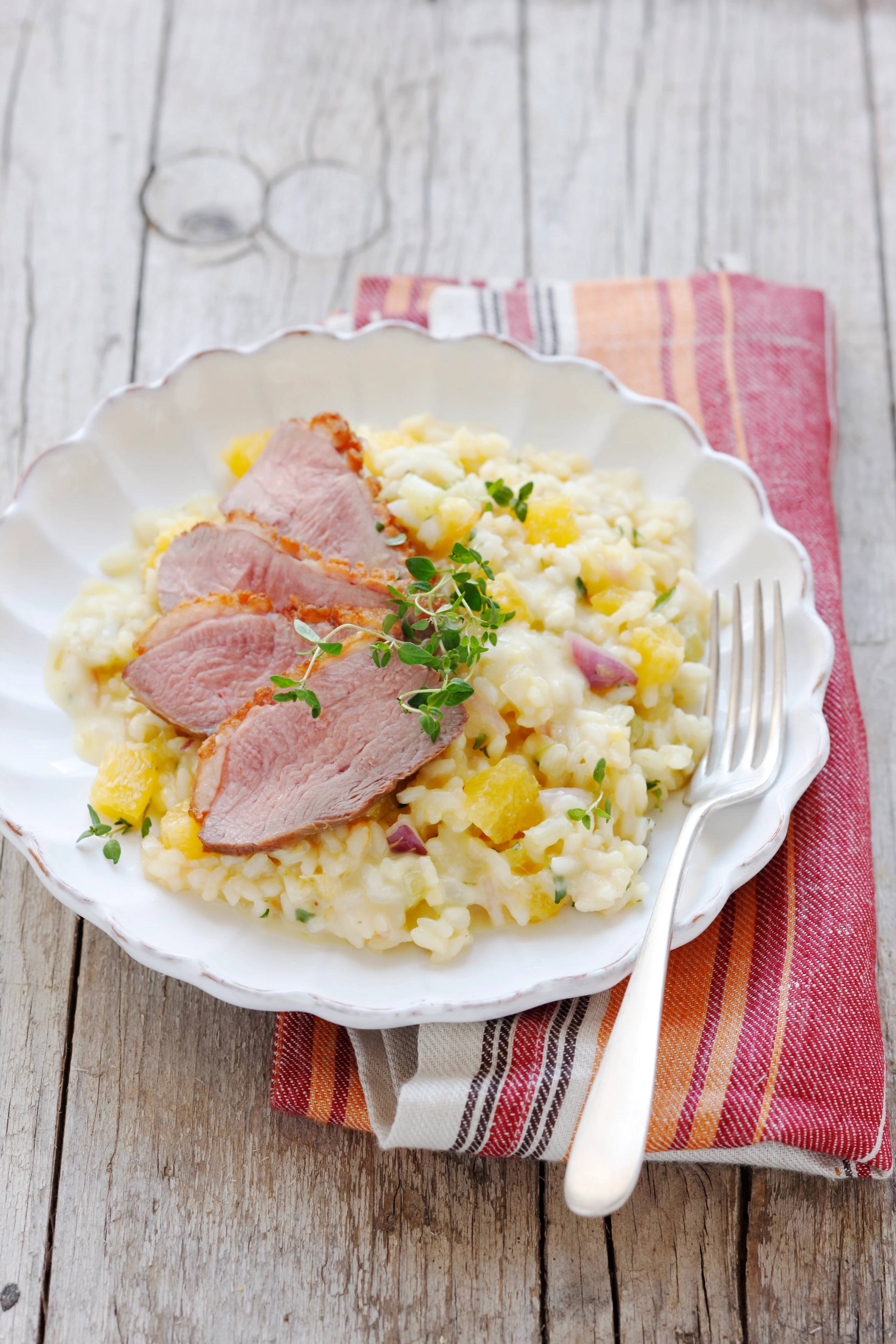 Orangen-Sellerie-Risotto mit Entenbrust