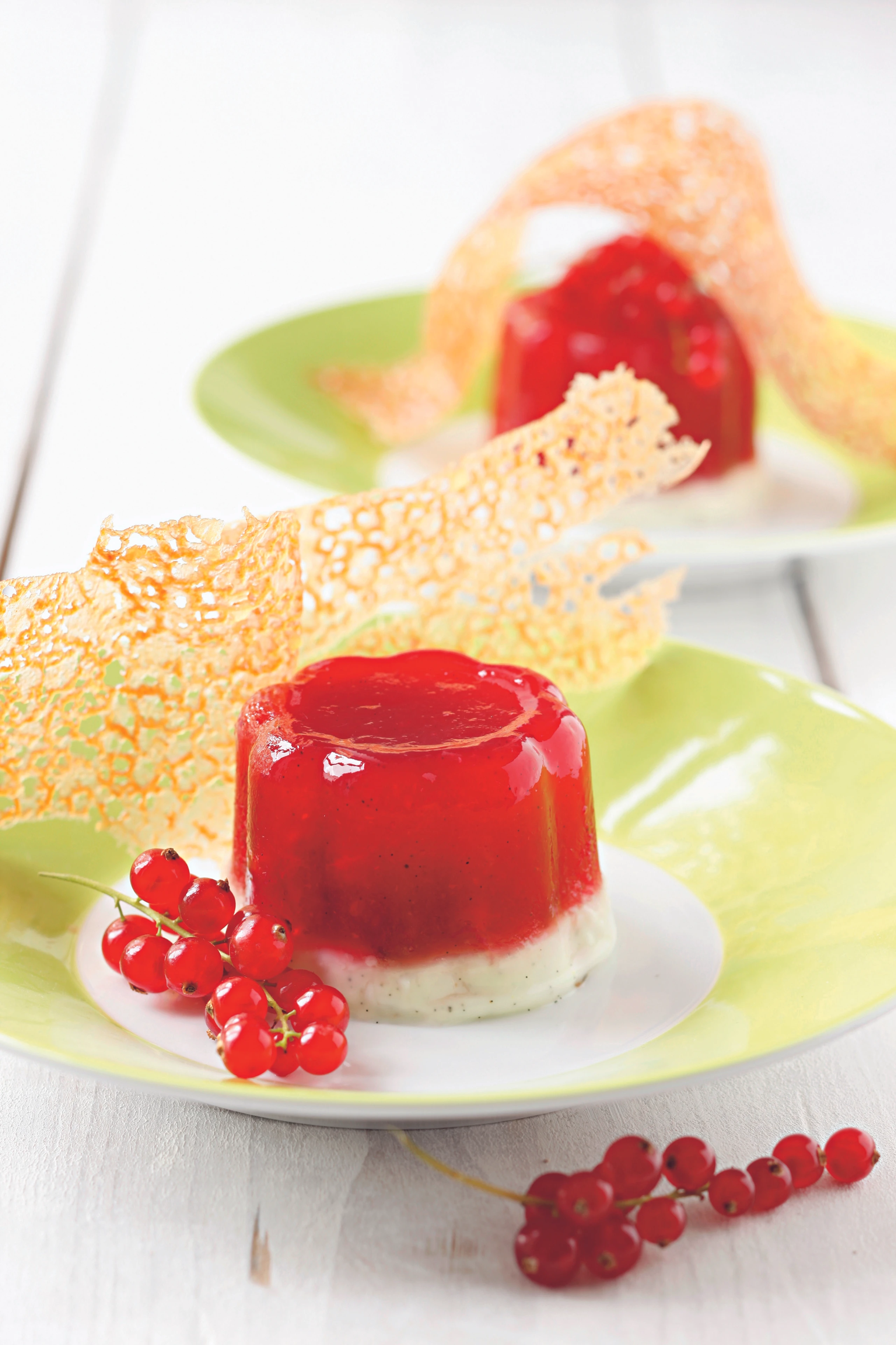 Ribisel-Vanille-Pudding mit Ingwerblättern