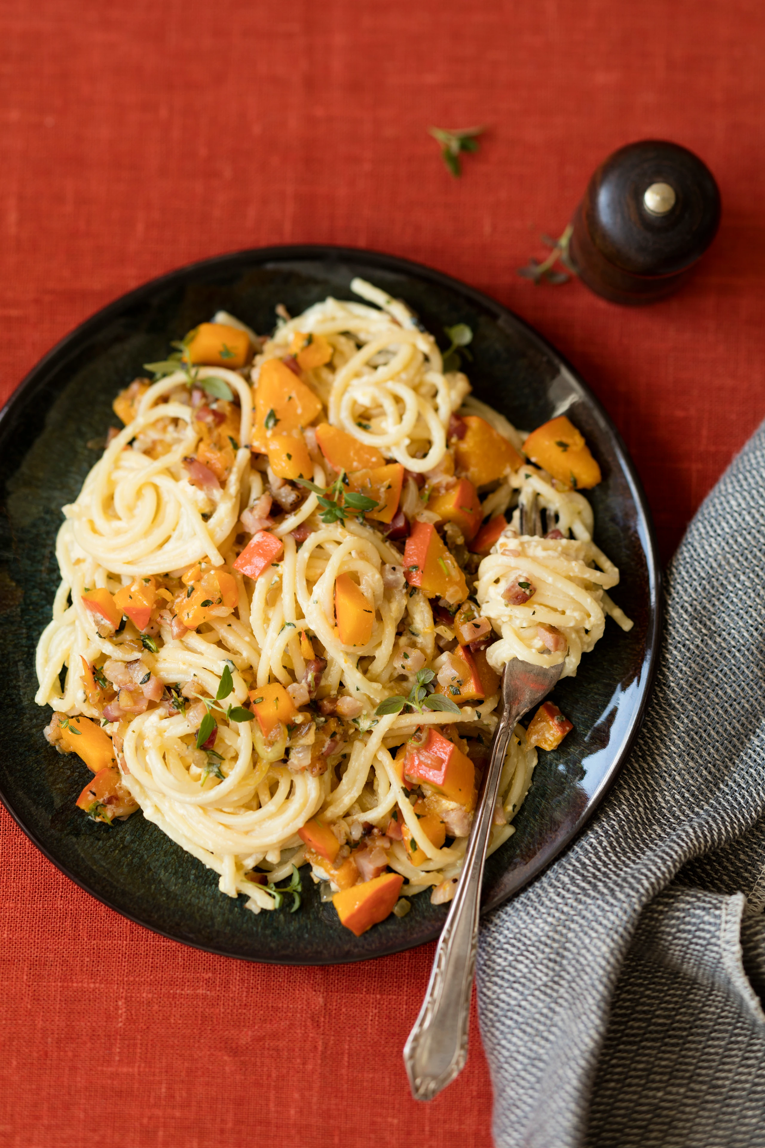 Spaghetti Carbonara mit Kürbis