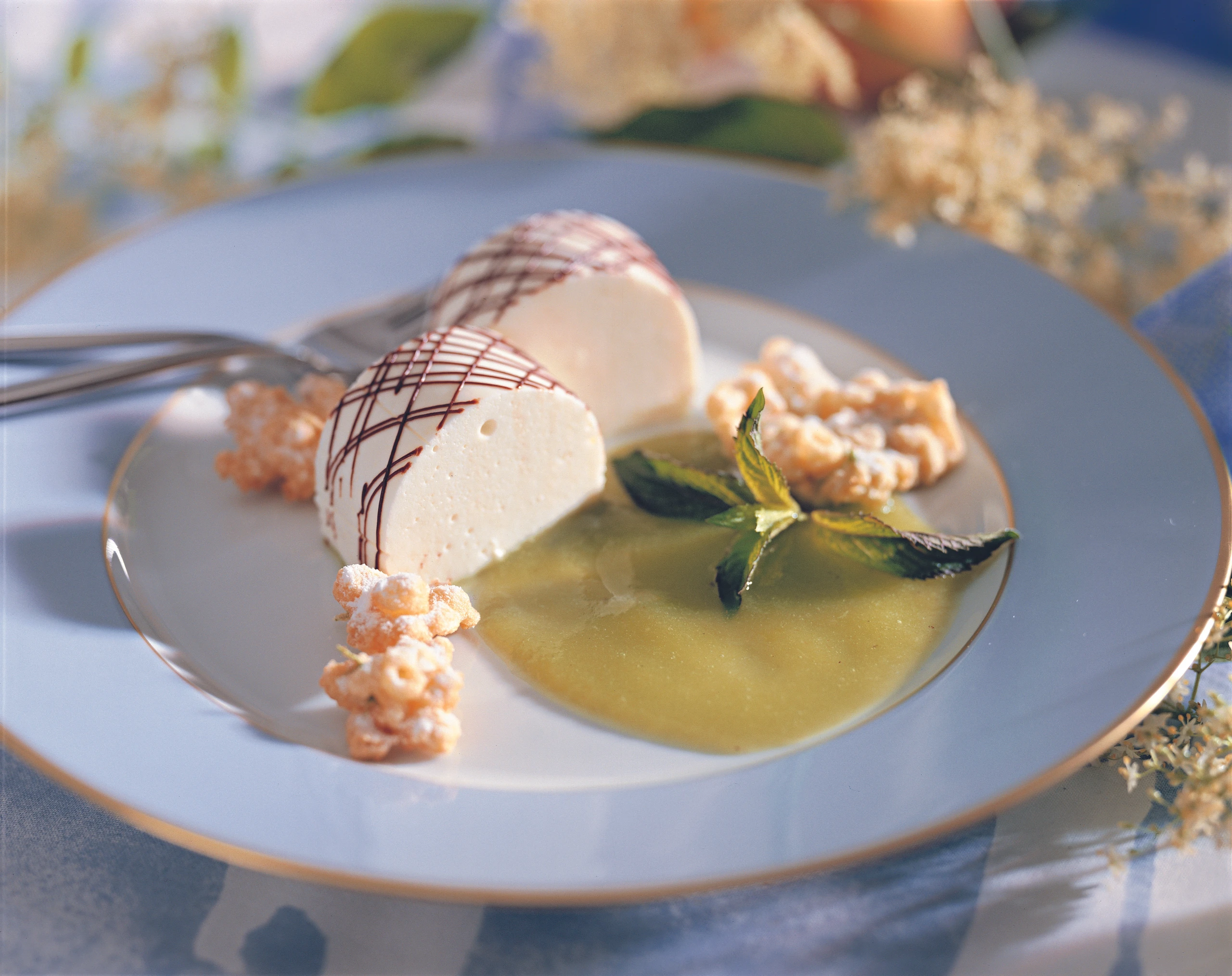 Holunderblüten-Terrine mit Kiwisauce und gebackenen Holunderblüten