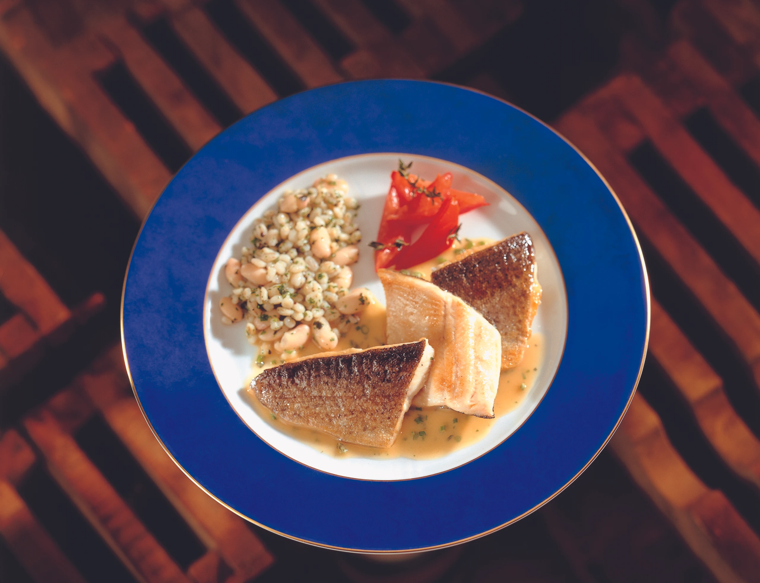 Forellenfilet mit Bohnen-Rollgersten-Gemüse