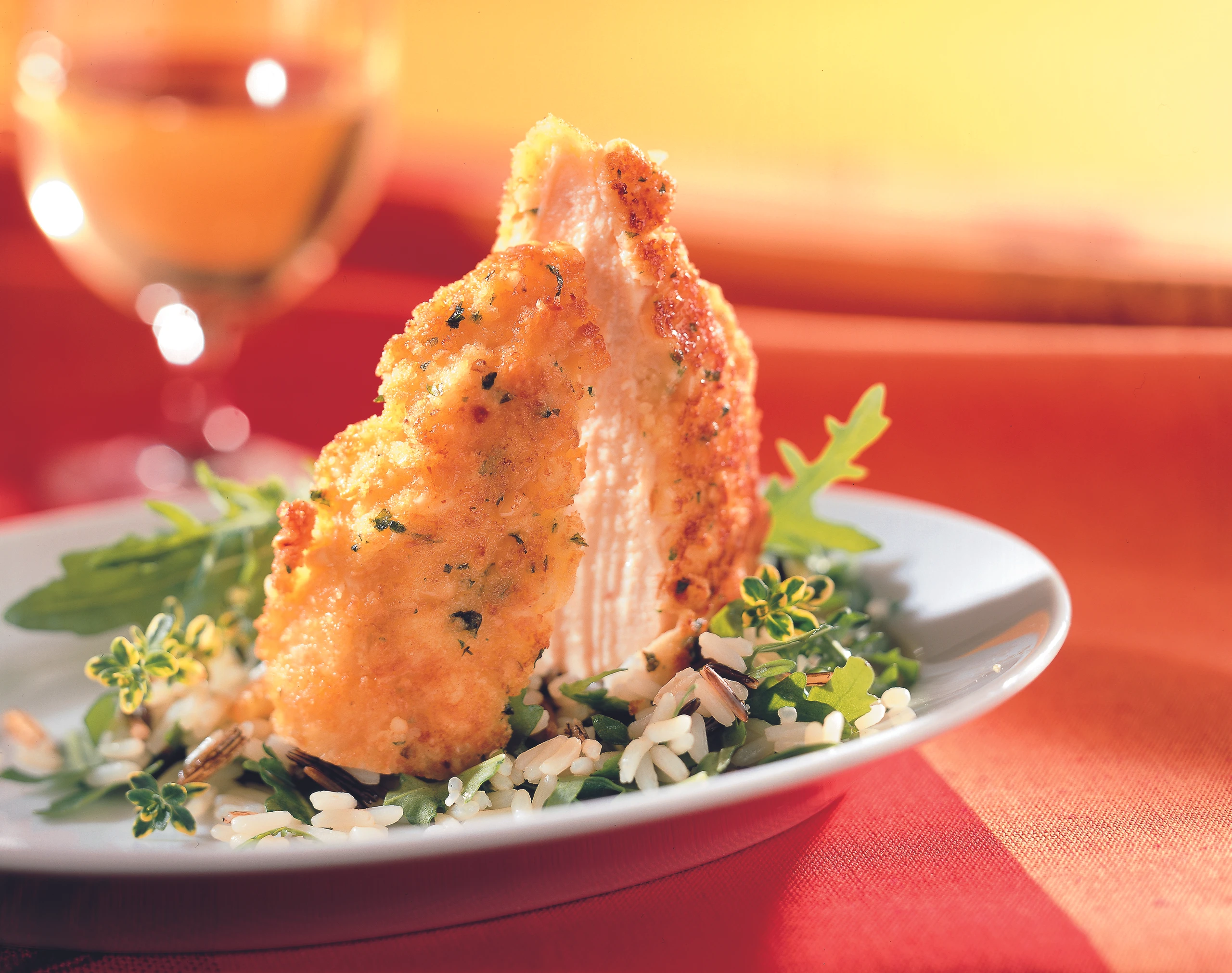 Zitronenhuhn mit Parmesankruste und Rucola-Reis