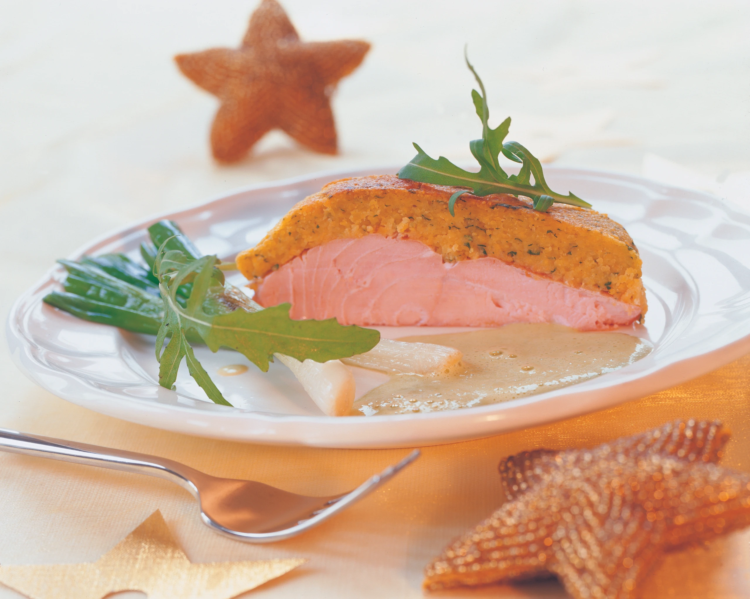 Lachs mit Maiskruste und Rucolasauce
