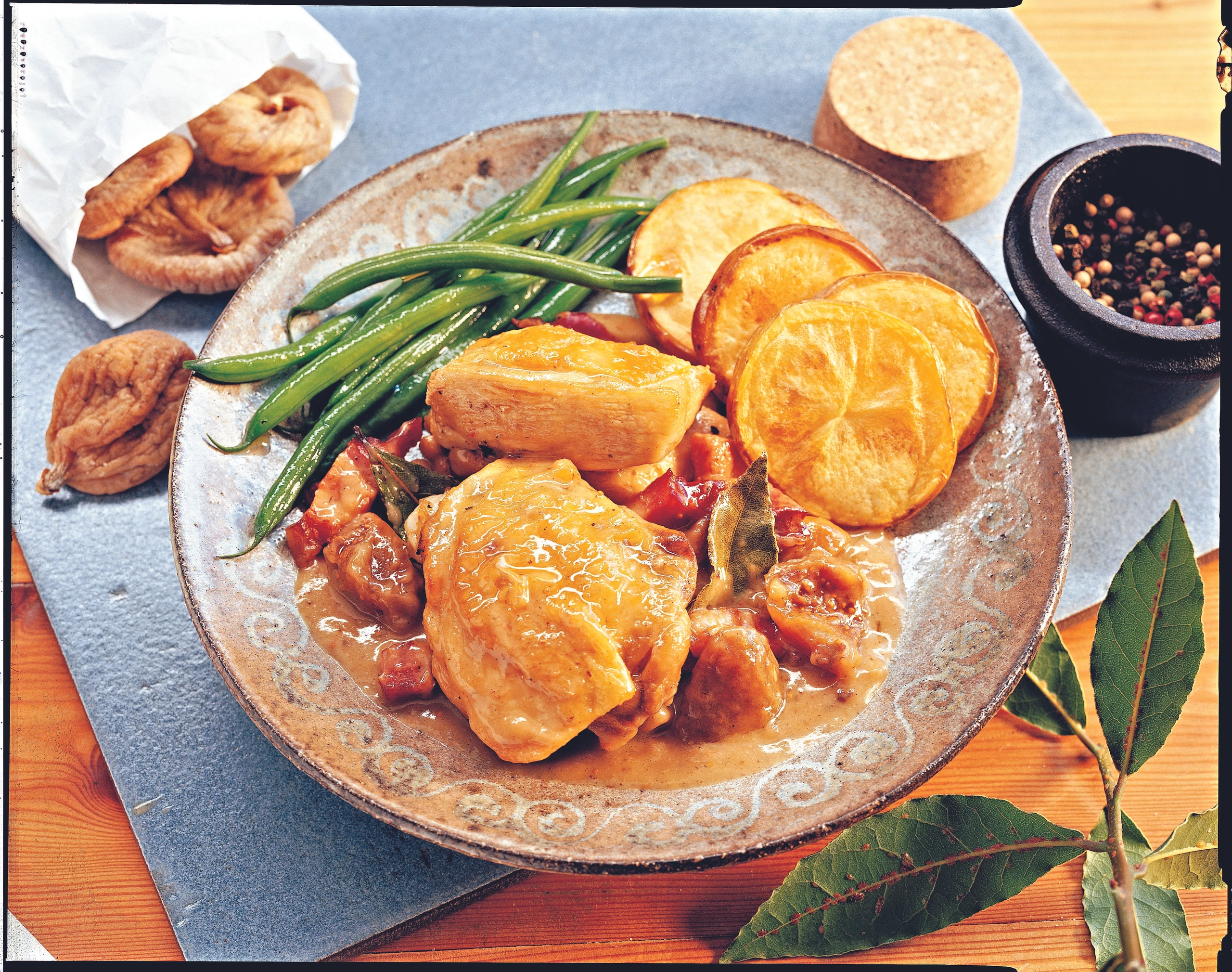 Huhn in Feigensauce mit Butterfisolen