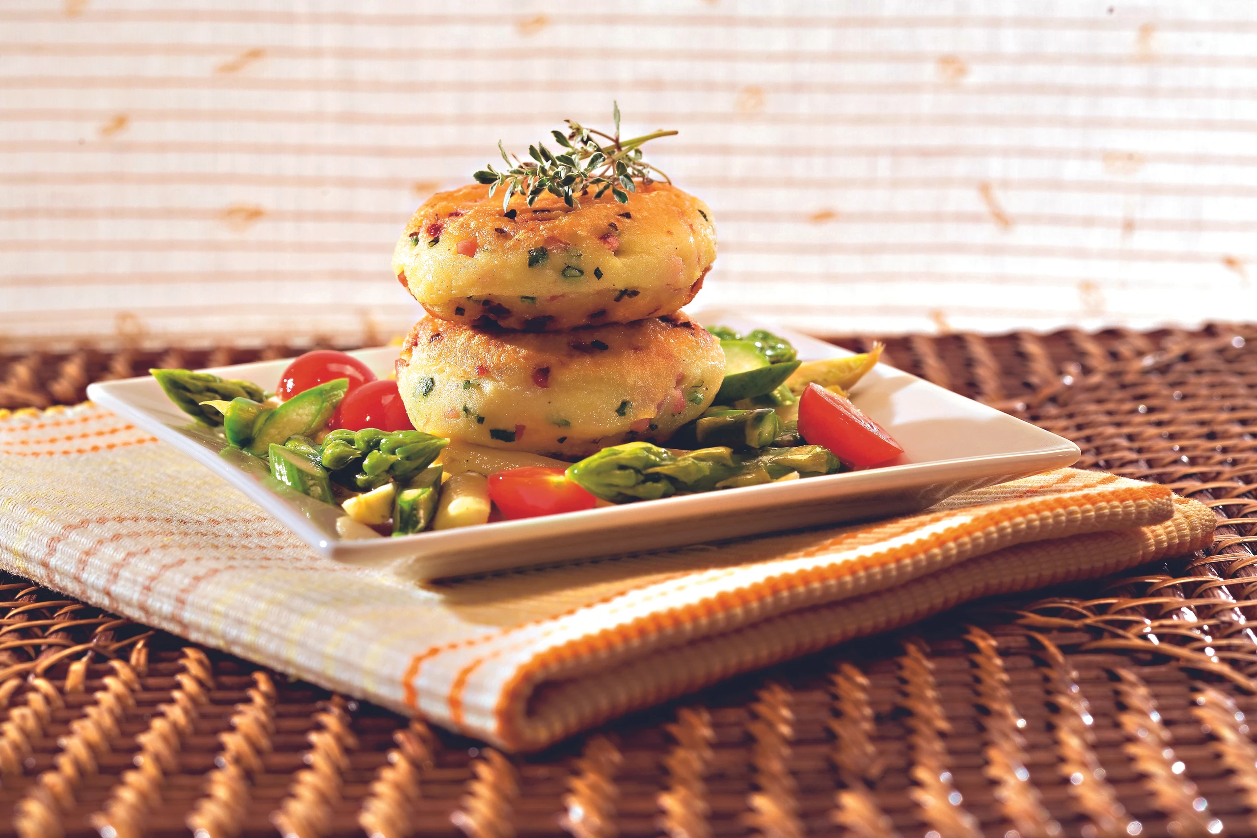 Spargel mit Erdäpfel-Schinken-Talern