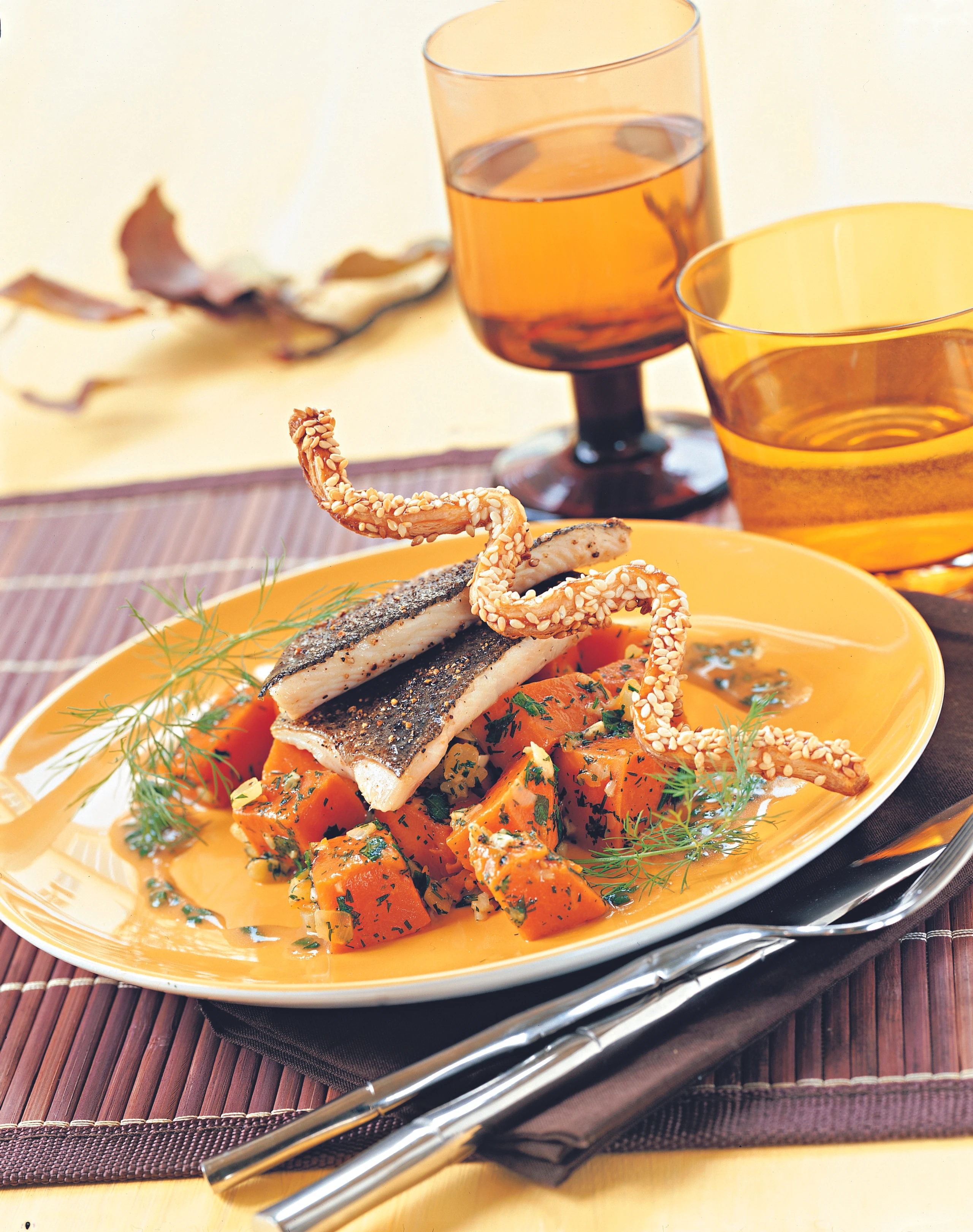 Forellenfilet mit Schnittlauchfond und Kürbisgemüse