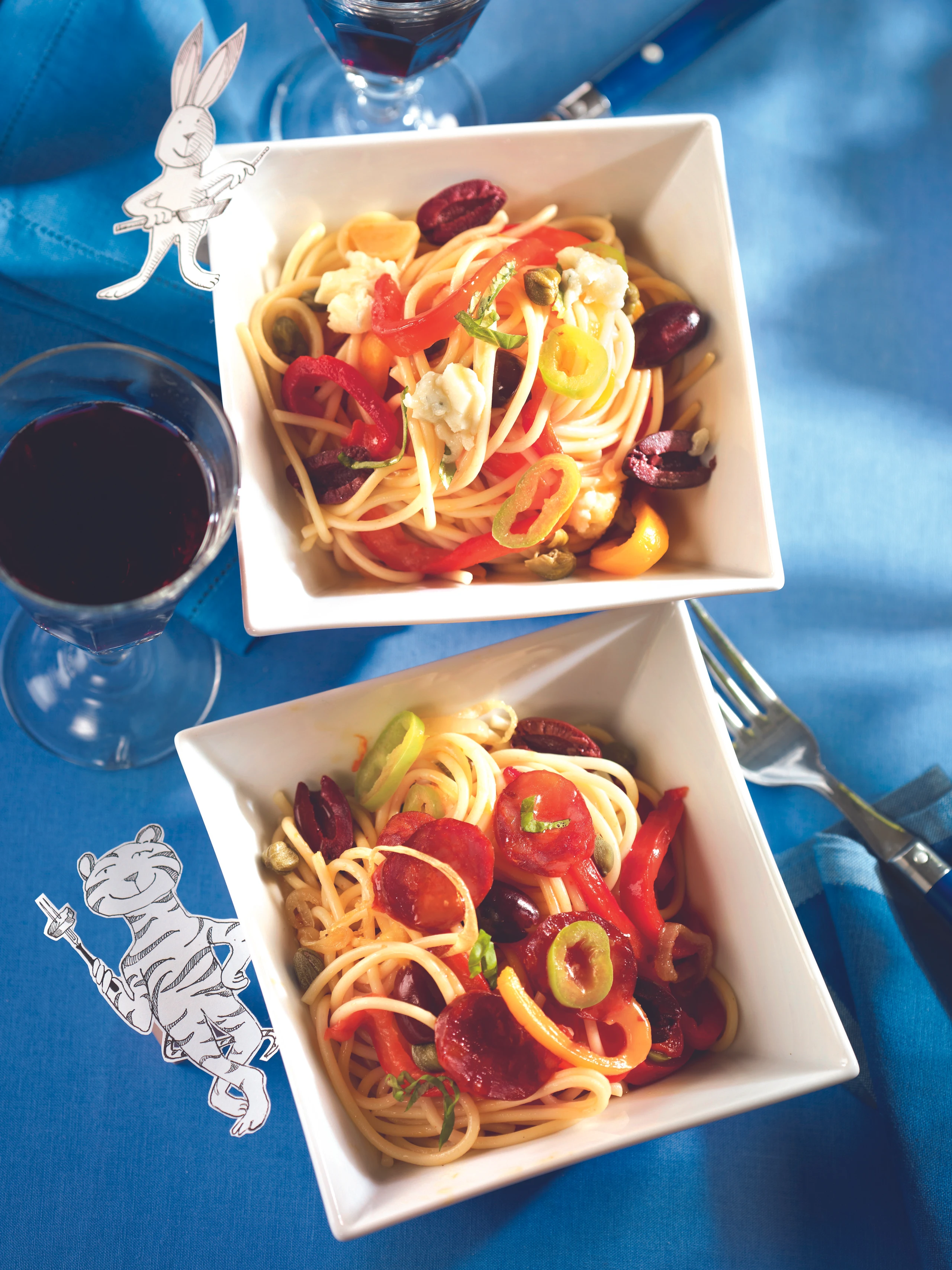 Spaghetti mit Paprika, Gorgonzola und Chorizo