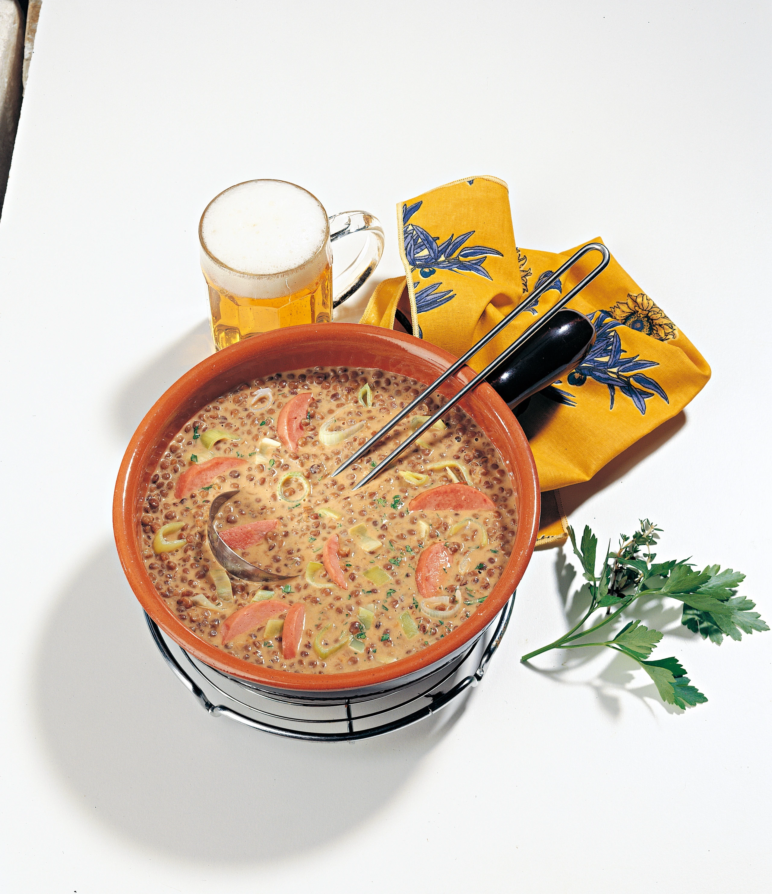 Linsenragout mit Wurst und Lauch