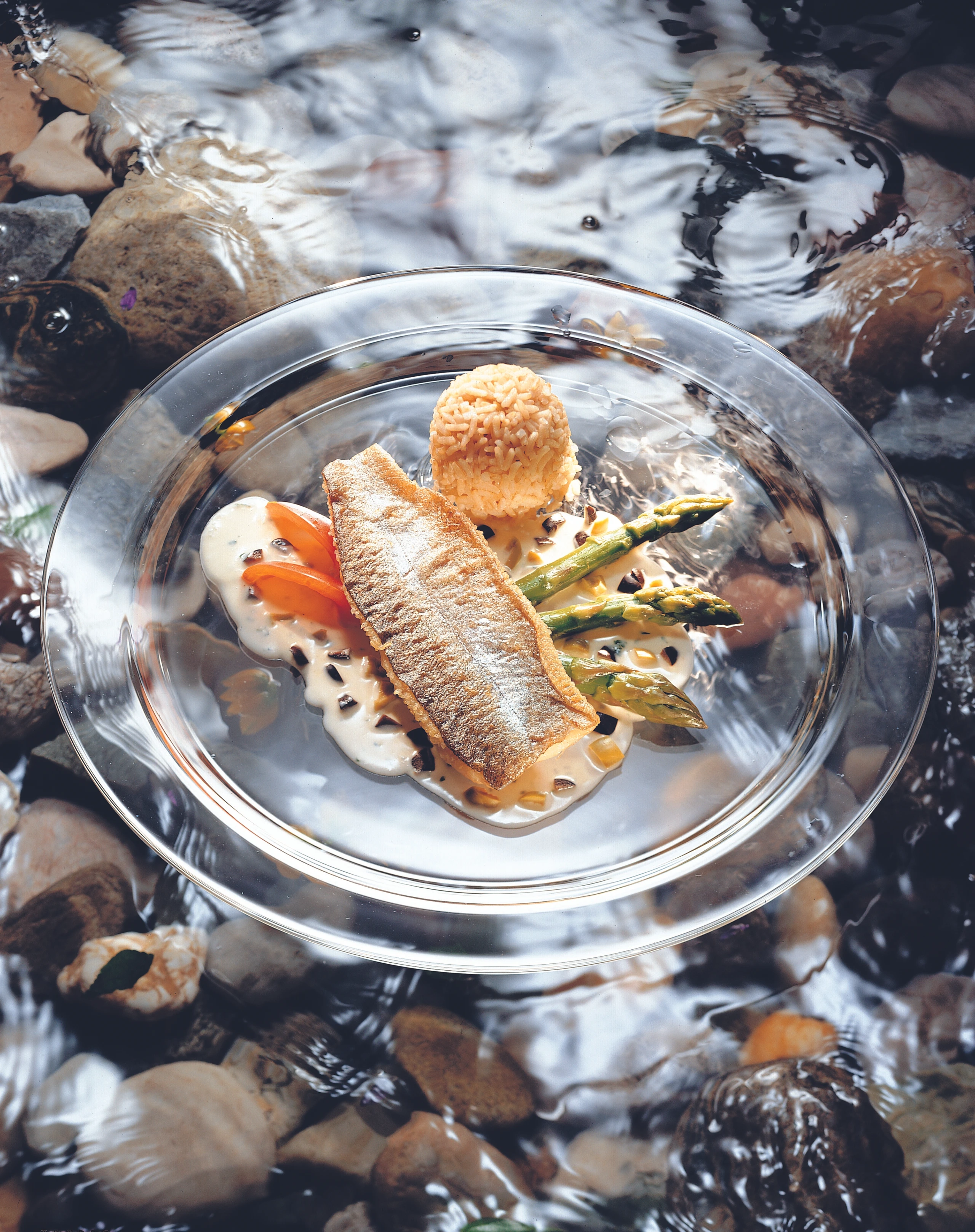 Gebratene Forellenfilets mit Spargel-Paradeiser-Gemüse