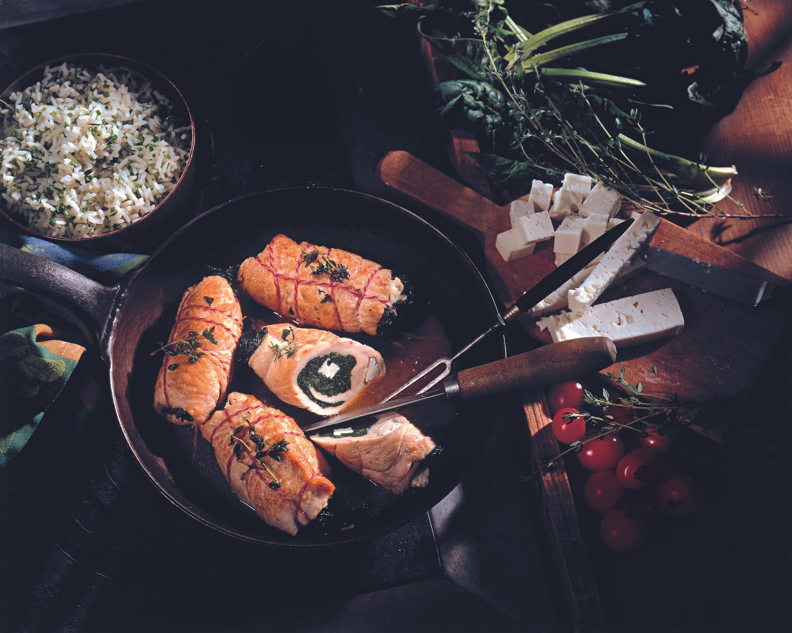 Truthahnrouladen mit Blattspinat und Schafkäse