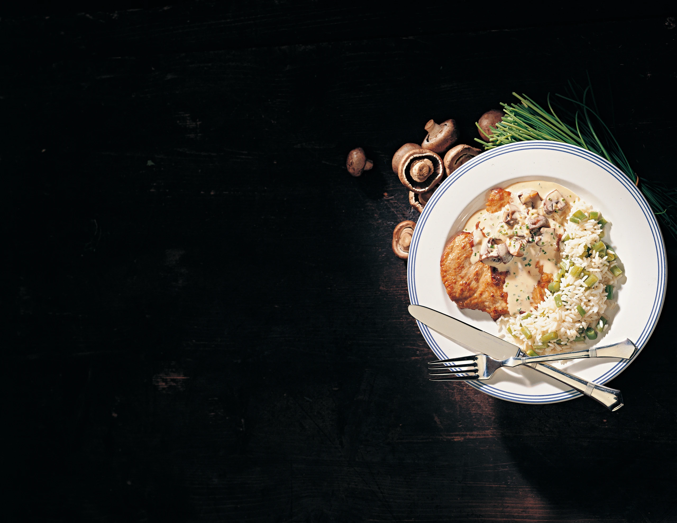 Champignonschnitzel mit Fisolenreis