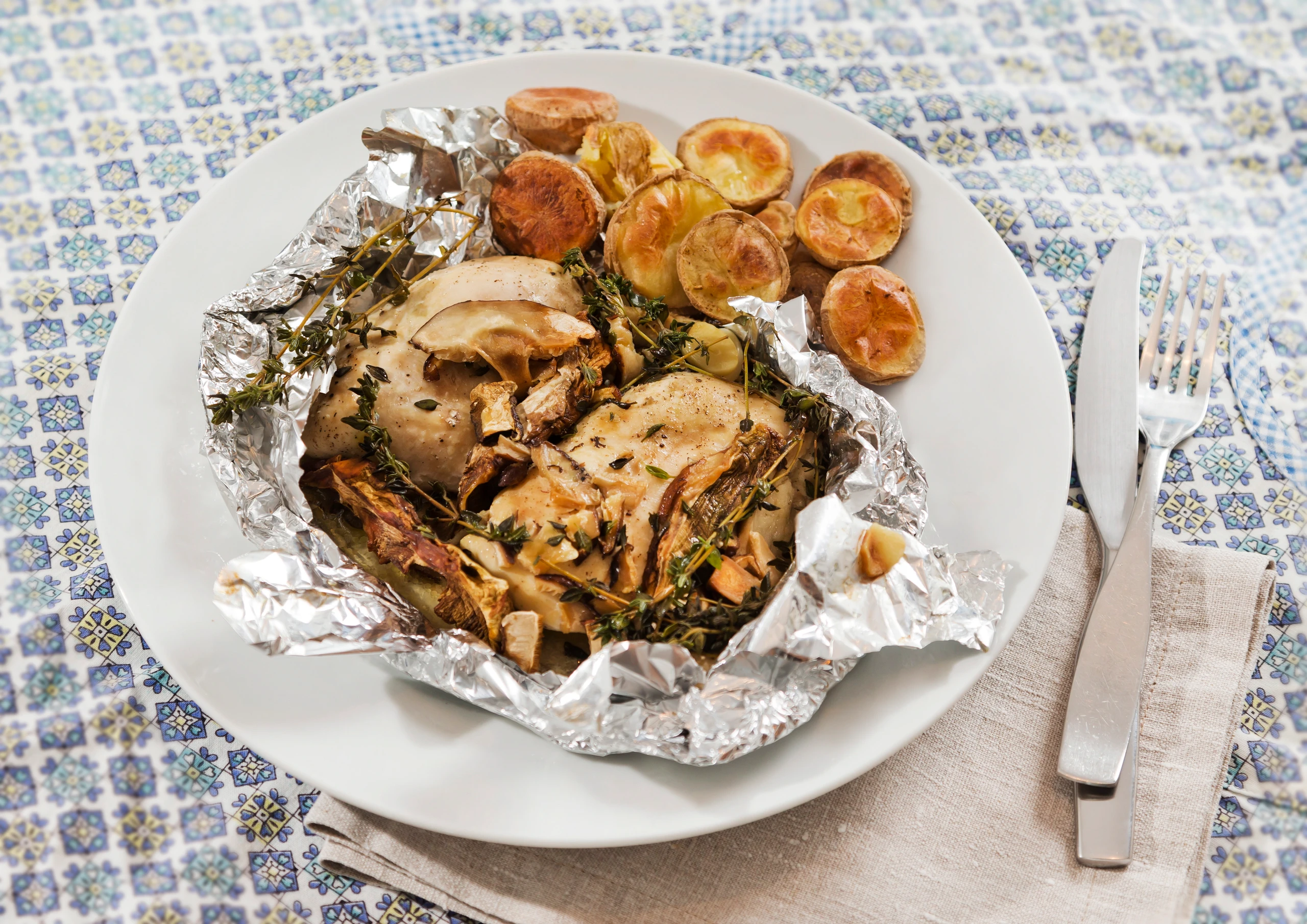 Aroma-Hendl mit Pilzen und Erdäpfeln