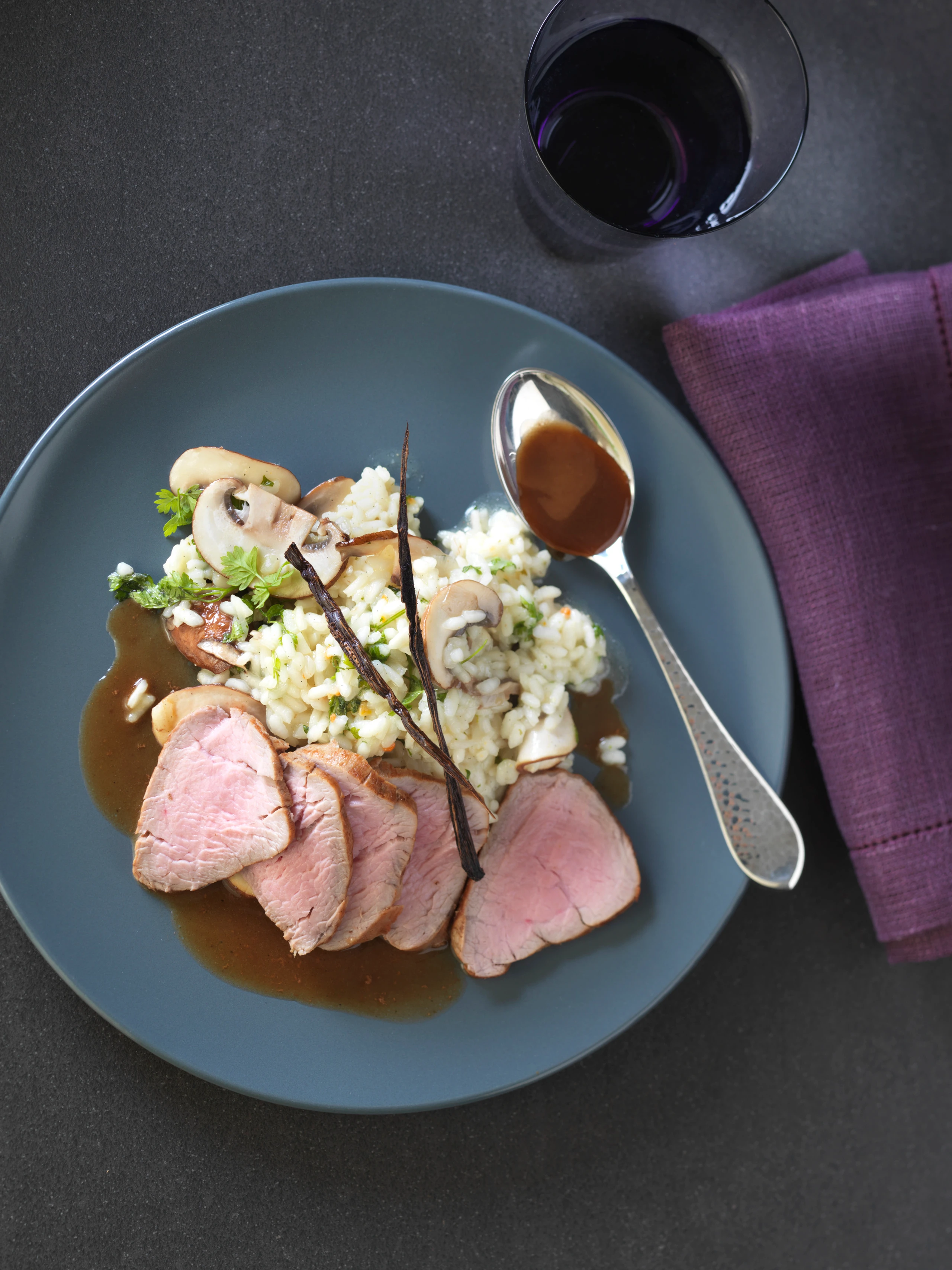 Kalbsfilet mit Champignons und Kerbel-Vanillerisotto