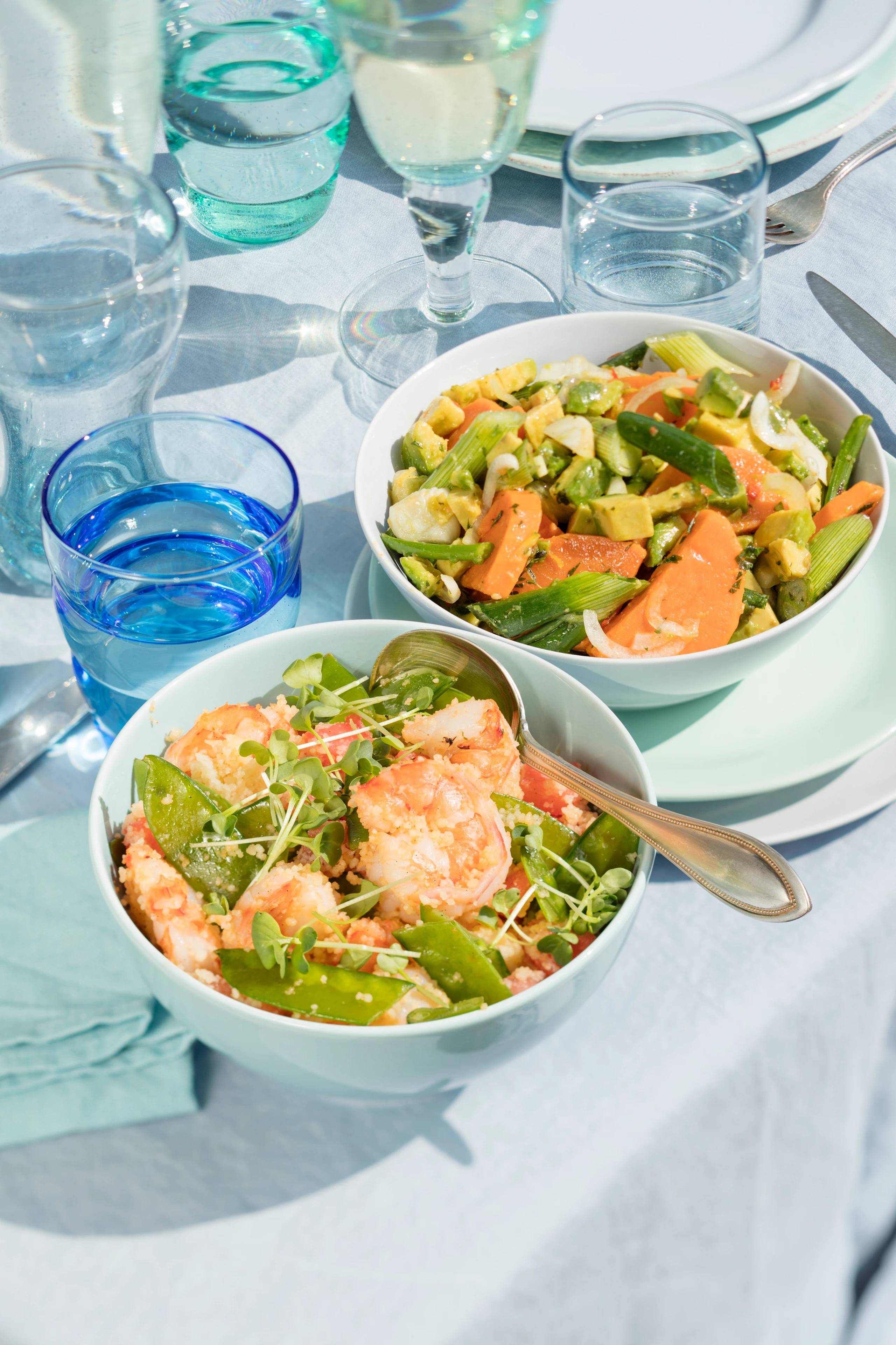 Garnelen-Couscous mit Melone und Zuckerschoten