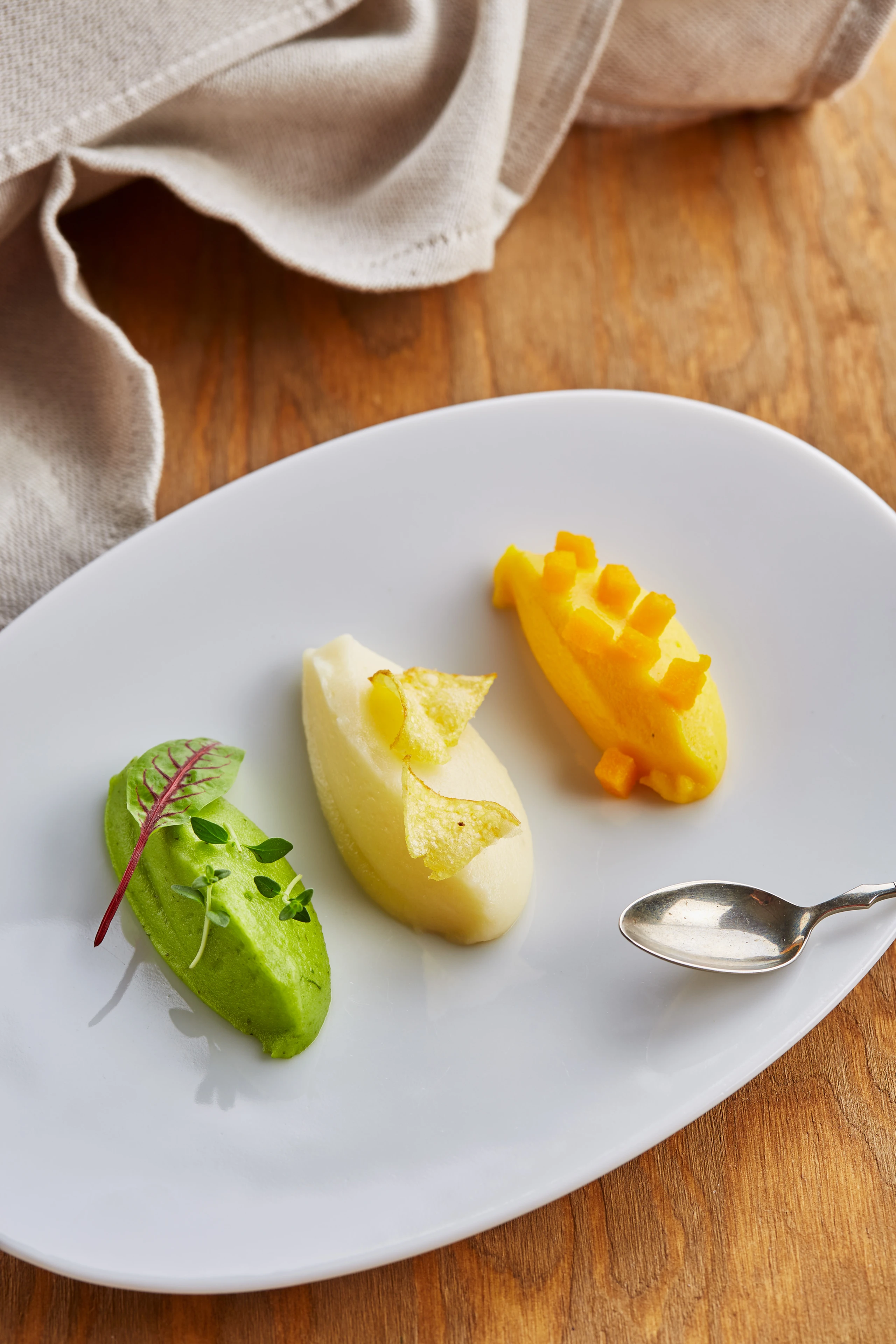 Dreierlei Püree: Erdäpfelpüree mit Kürbis und Spinat