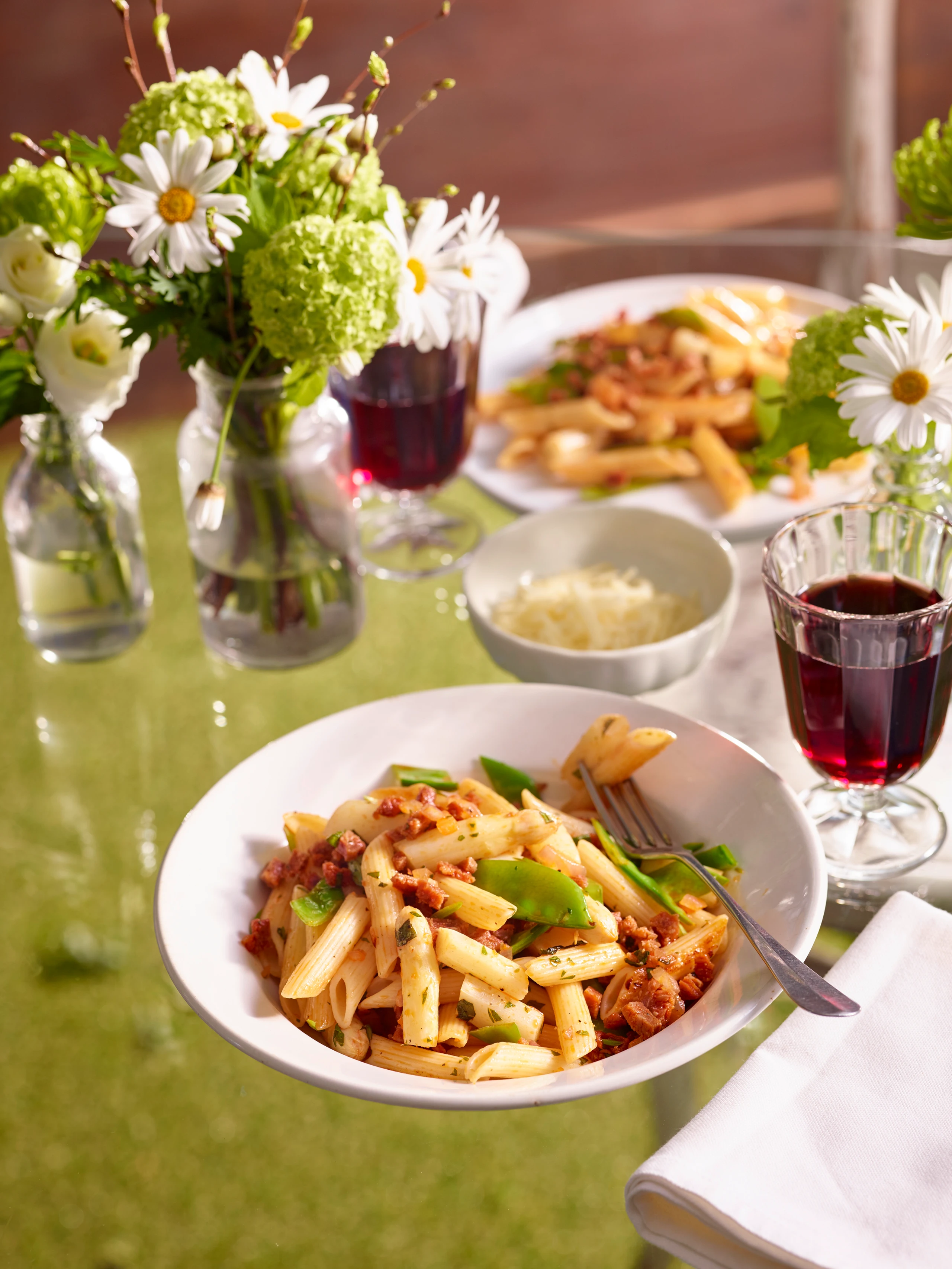 Penne mit Spargelspitzen und Chorizo