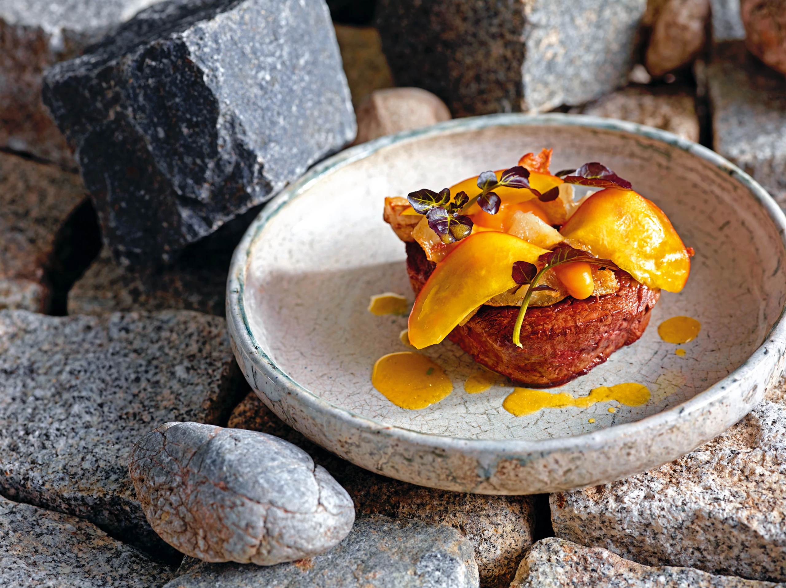 Rindsfilet mit Goldrüben, Kürbiscreme und Topinambur