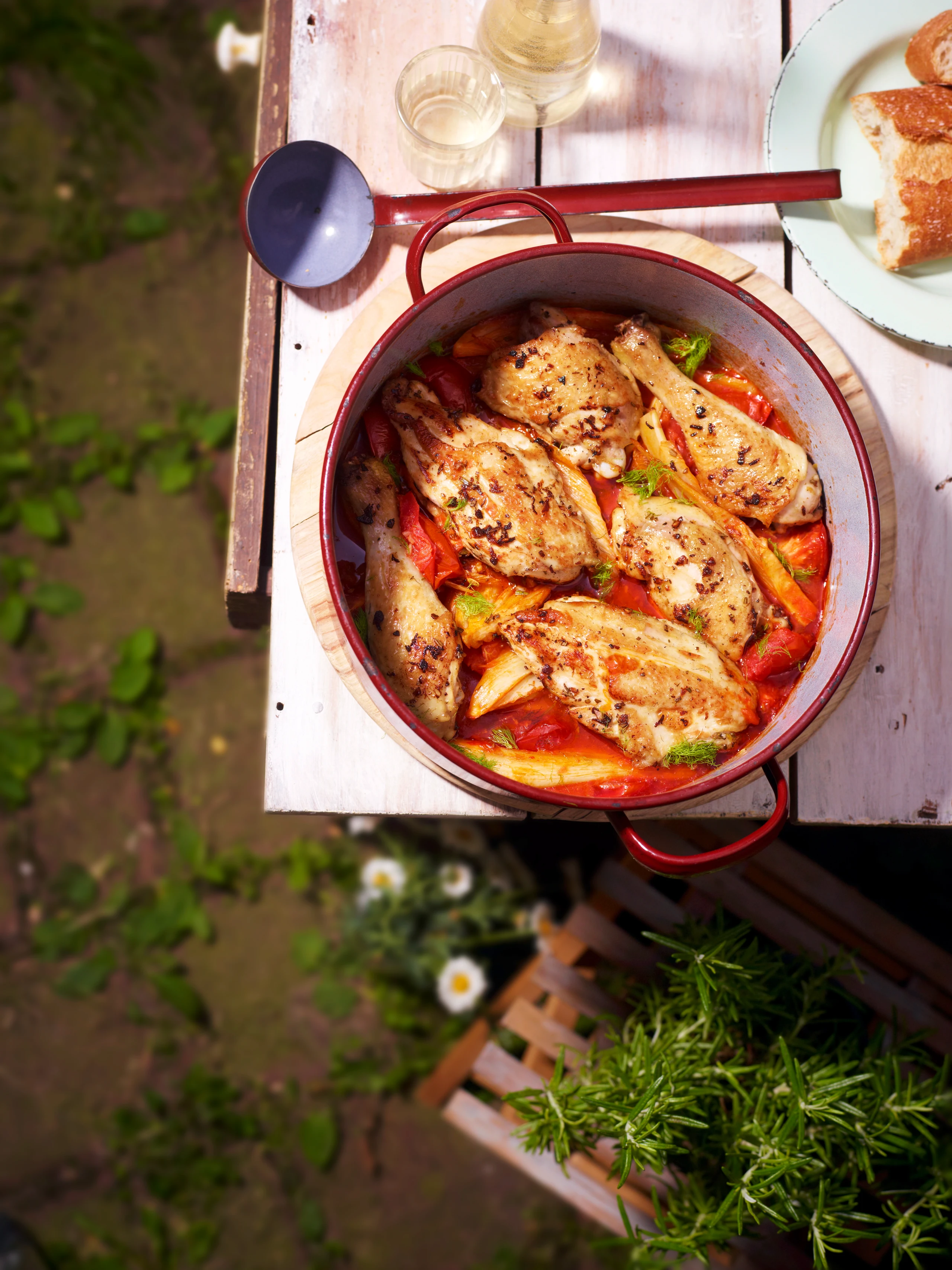 Geschmortes Huhn mit Fenchel und Paradeisern