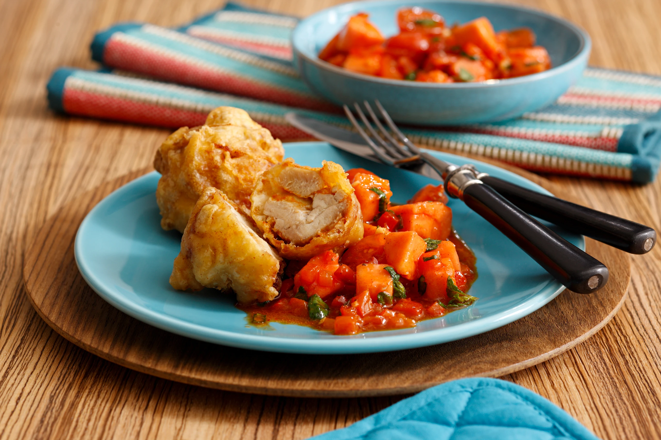 Huhn im Tempurateig mit Papaya-Salat