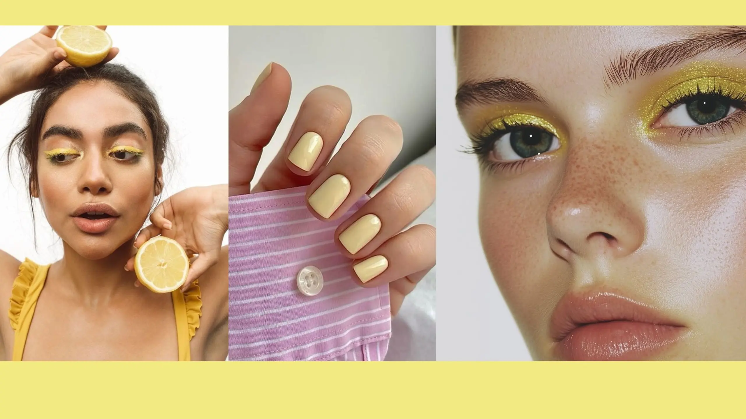 v.l.n.r.: Model mit gelbem Make-up posiert mit Zitronen, Close-up von gelber Maniküre, Close-up von gold-gelbem Augenmakeup und strahlendem Teint