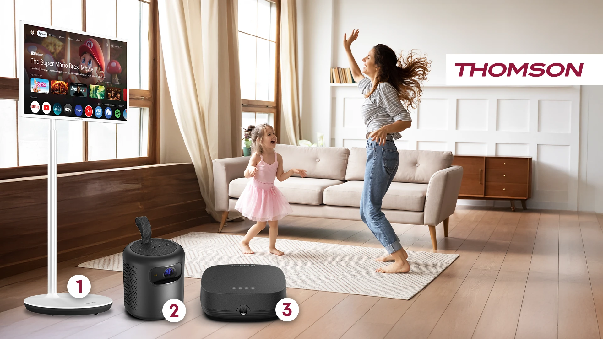 Thomson TV, Beamer und Streamingbox im Wohnzimmer