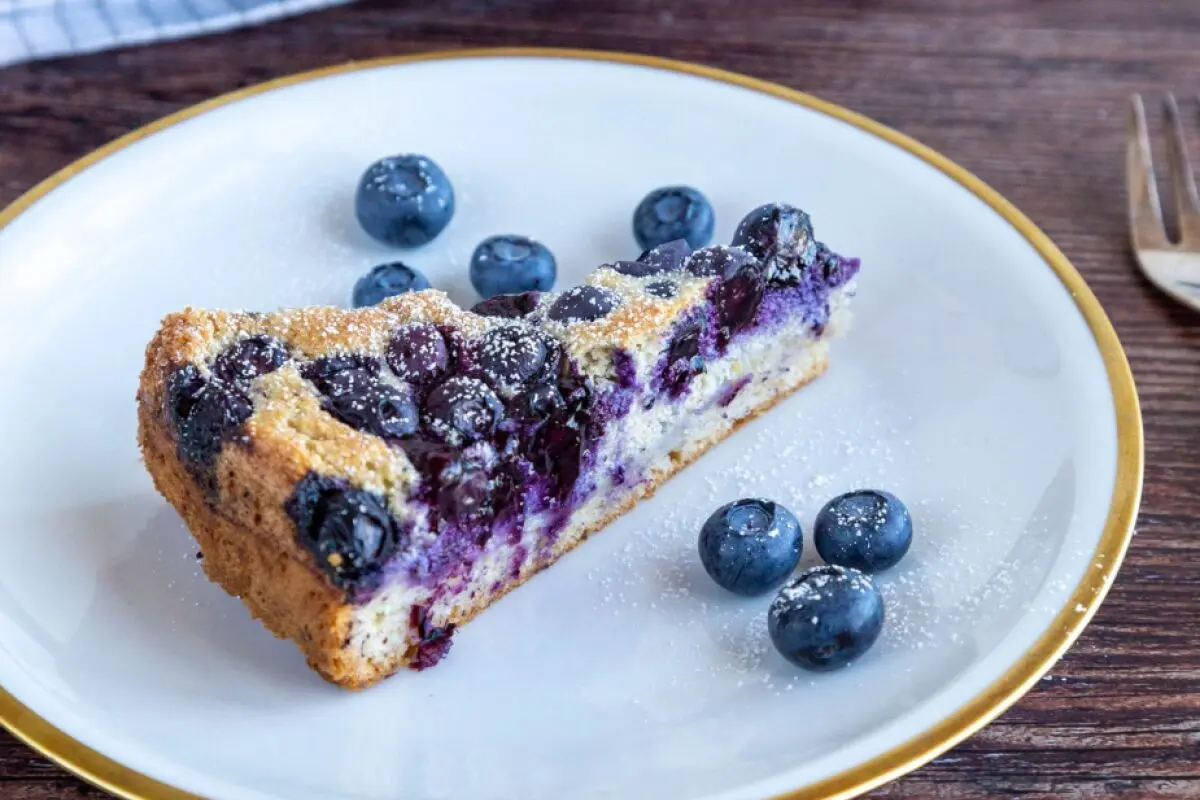 Der Heidelbeerkuchen ist mit Tofu und Sojasahne gemacht