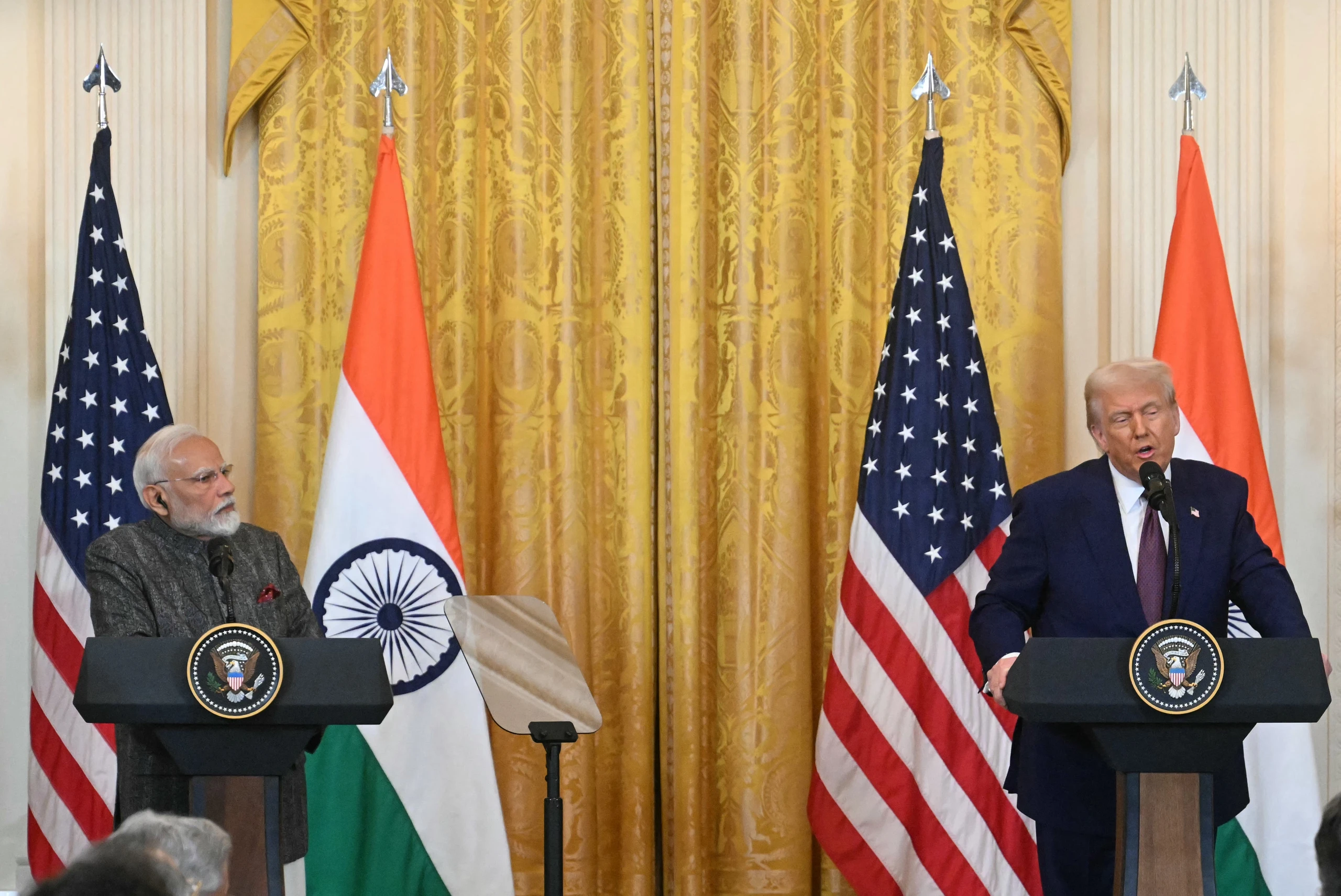 US-Präsident Donald Trump (r.) und Indiens Premierminister Narendra Modi (l.) bei einer Pressekonferenz im Weißen Haus im Februar.
