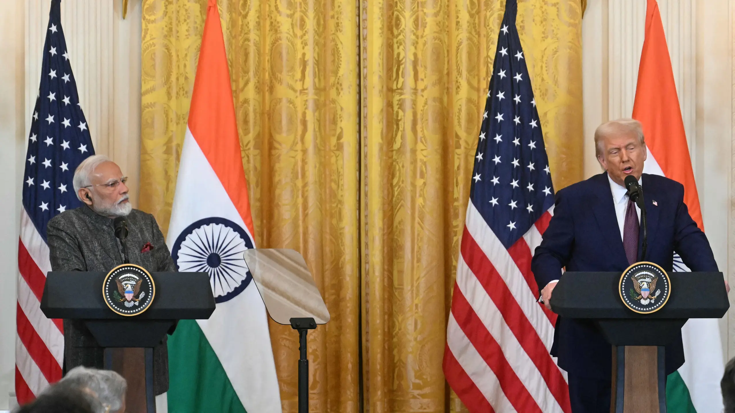 © Jim WATSON / AFP US-Präsident Donald Trump (r.) und Indiens Premierminister Narendra Modi (l.) bei einer Pressekonferenz im Weißen Haus im Februar.