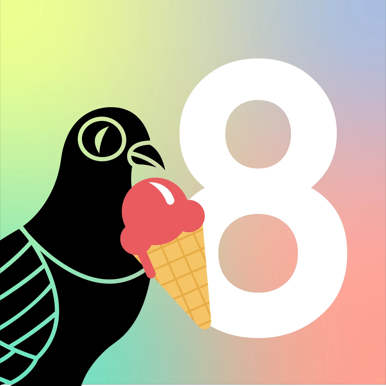 Illustration: Taube isst Erdbeereis am Stiel neben der Zahl 8. Pastellfarben.