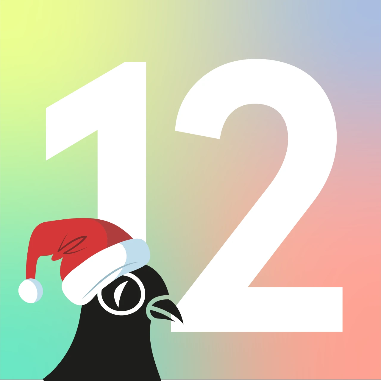 Weihnachtliches Bild: Zahl 12, Pinguin in Weihnachtsmütze, pastellfarbener Hintergrund