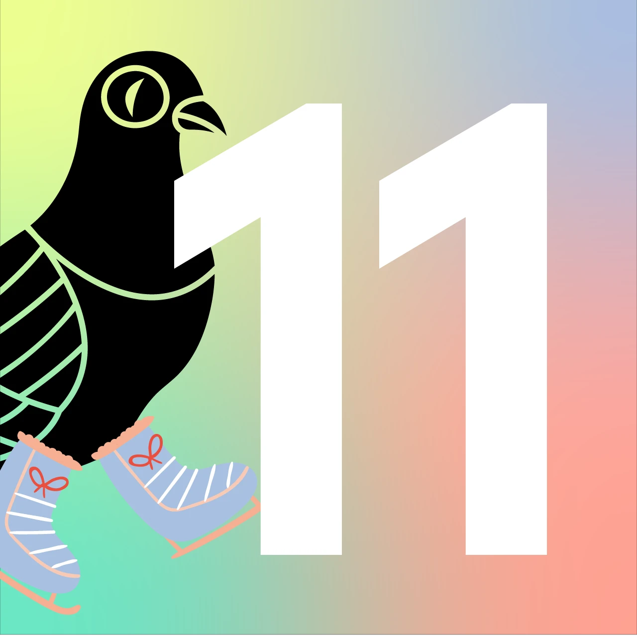 Adventskalender Tür 11: Taube auf Schlittschuhen vor pastellfarbenem Hintergrund.