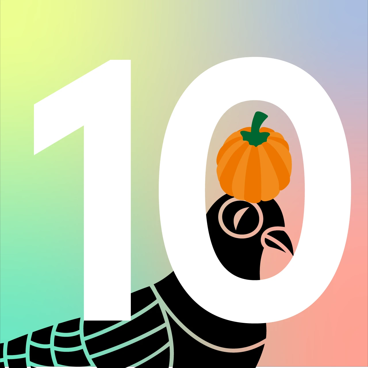 Illustration: Zahl 10, weiß auf farbigem Hintergrund. Innerhalb der Null ein schwarzer Vogel mit einem orangefarbenen Kürbis auf dem Kopf.