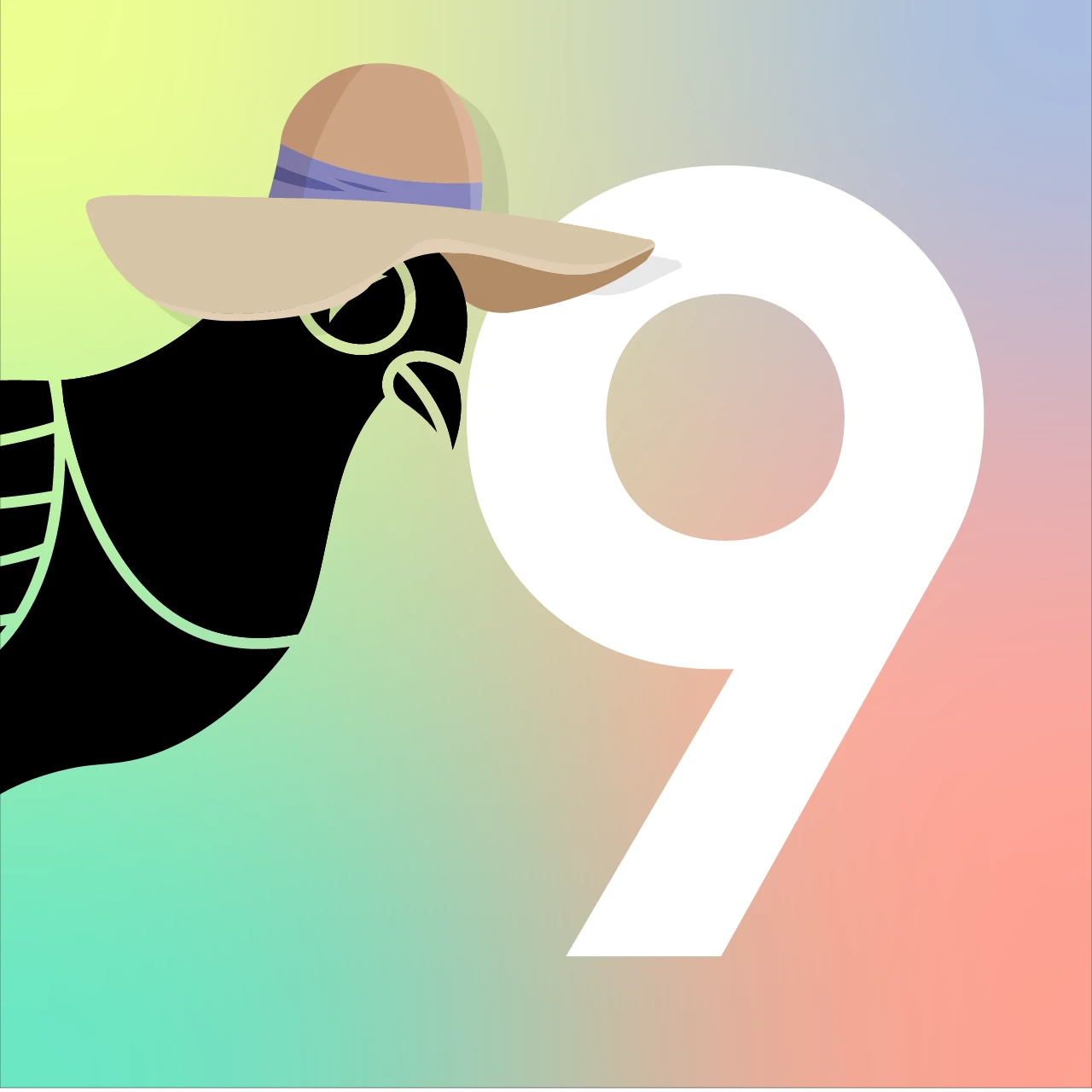 Minimalistische Illustration: Taube mit Hut und Sonnenbrille neben der Zahl 9 vor pastellfarbenem Hintergrund.