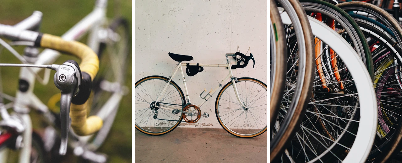 © Unsplash Drei Bilder: Fahrrad-Schalthebel, ein ganzes Rennrad, und eine Gruppe von Fahrradreifen.