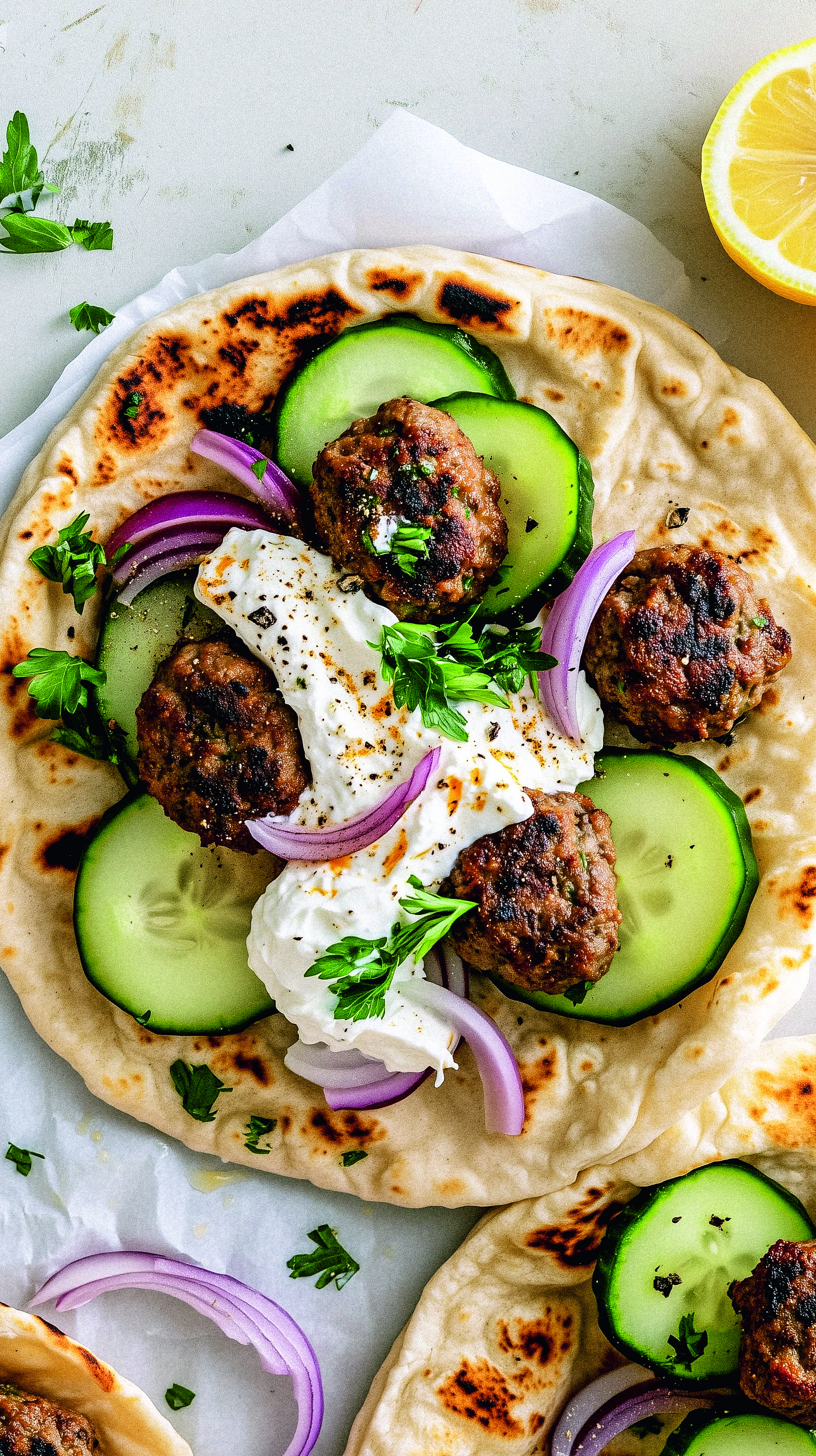 Griechisches Pita mit Fleischbällchen und Tsatsiki