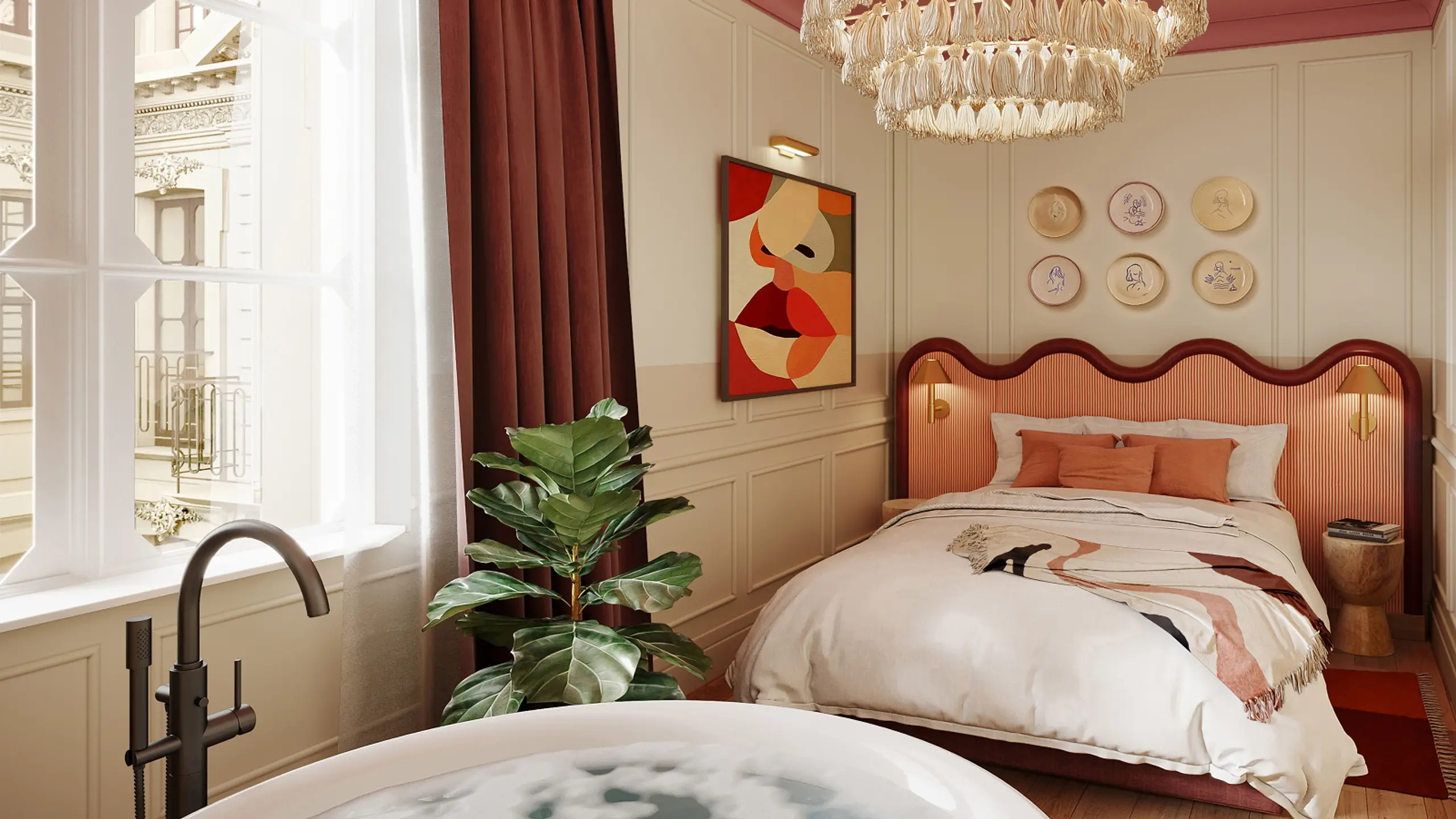 Zimmer mit Bett und Badewanne im Le Jardin De Verre in Paris