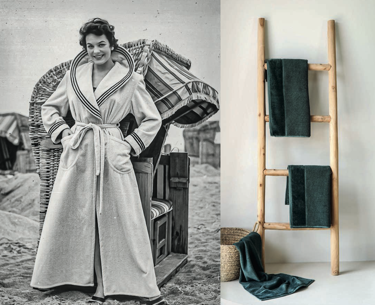 Collage aus zwei Bildern; einmal Frau im Bademantel, einmal Handtuchleiter und Deko