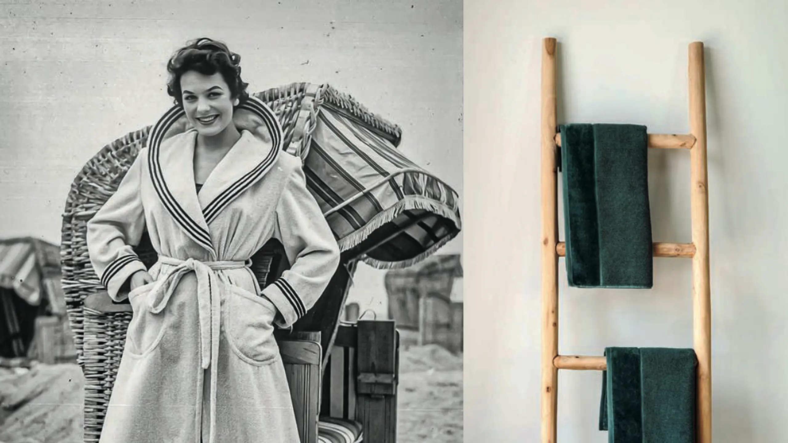 Collage aus zwei Bildern; einmal Frau im Bademantel, einmal Handtuchleiter und Deko