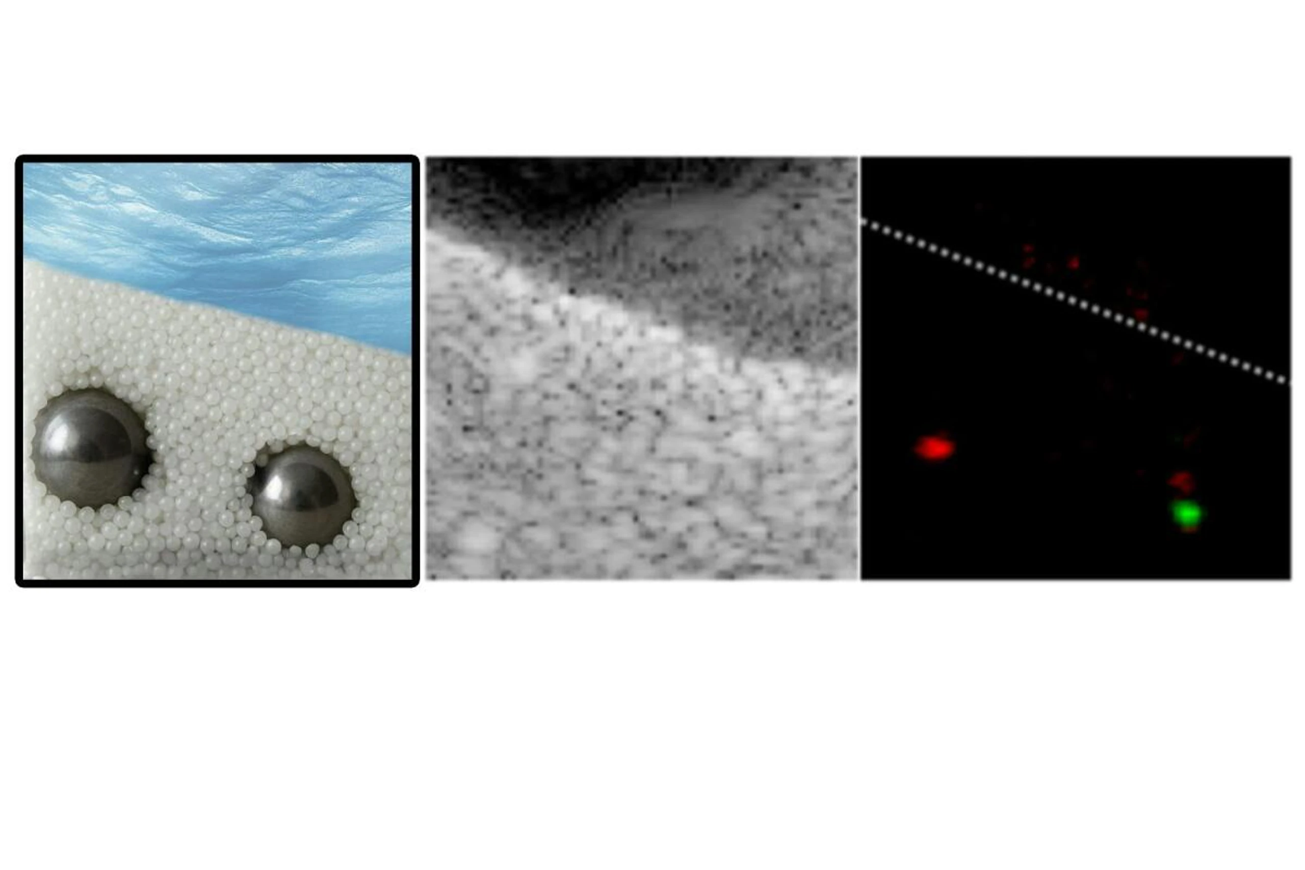Die Metallkugeln (l.) können auch unter dem Sand nachgewiesen werden (r.)
