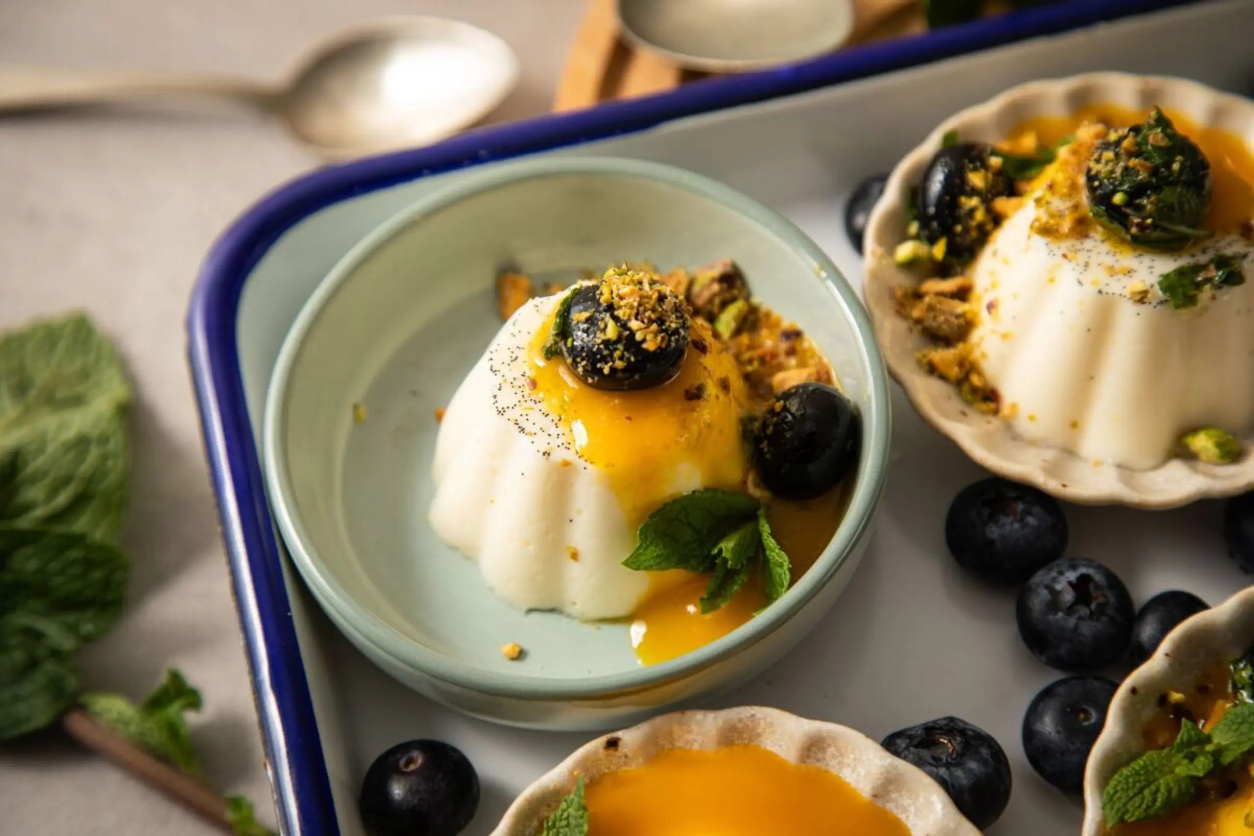 Panna Cotta mit Mangosoße, Heidelbeeren, Minze und Pistazien