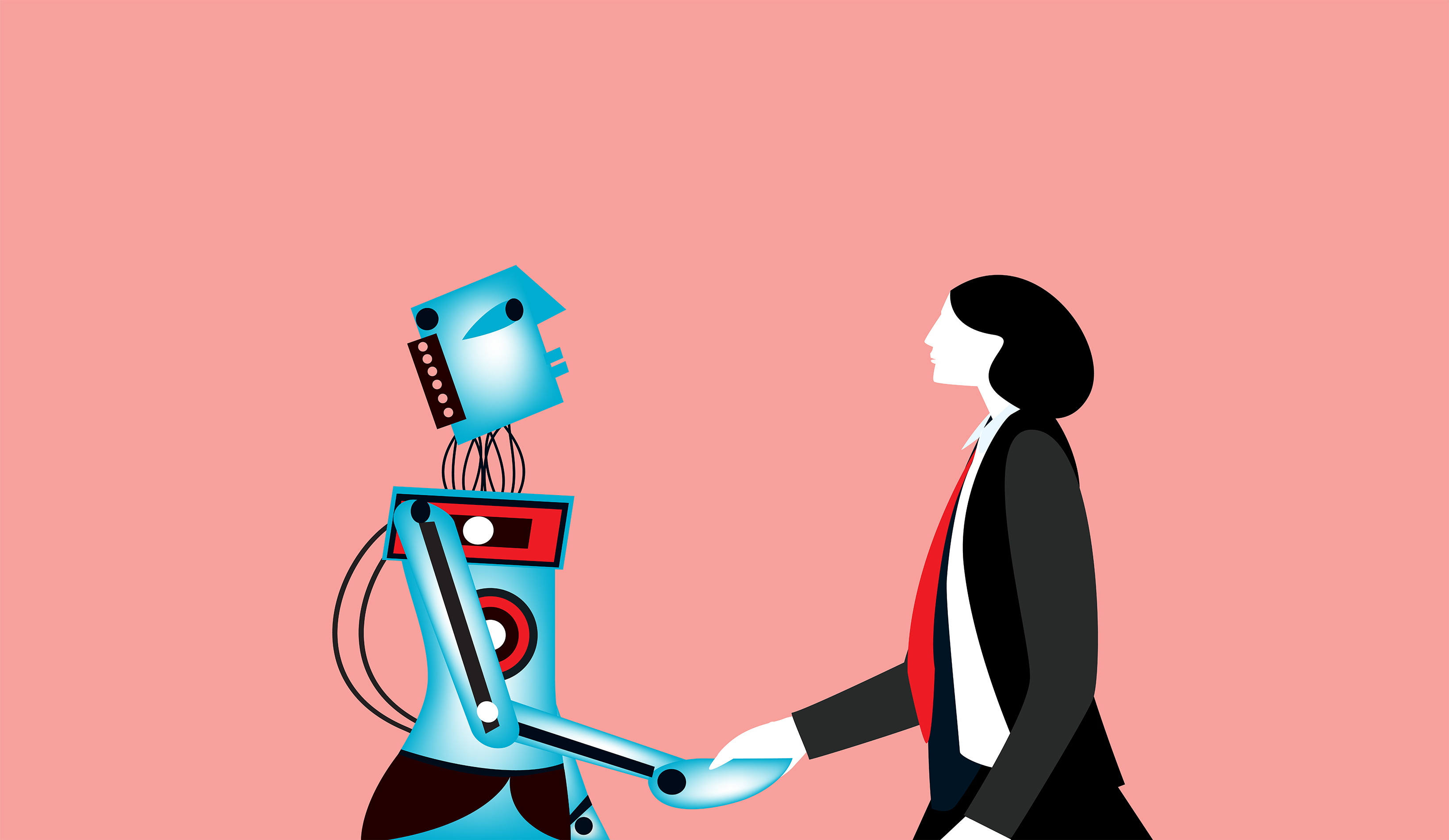 Illustration von einem Roboter und einer Person, die sich die Hand schütteln