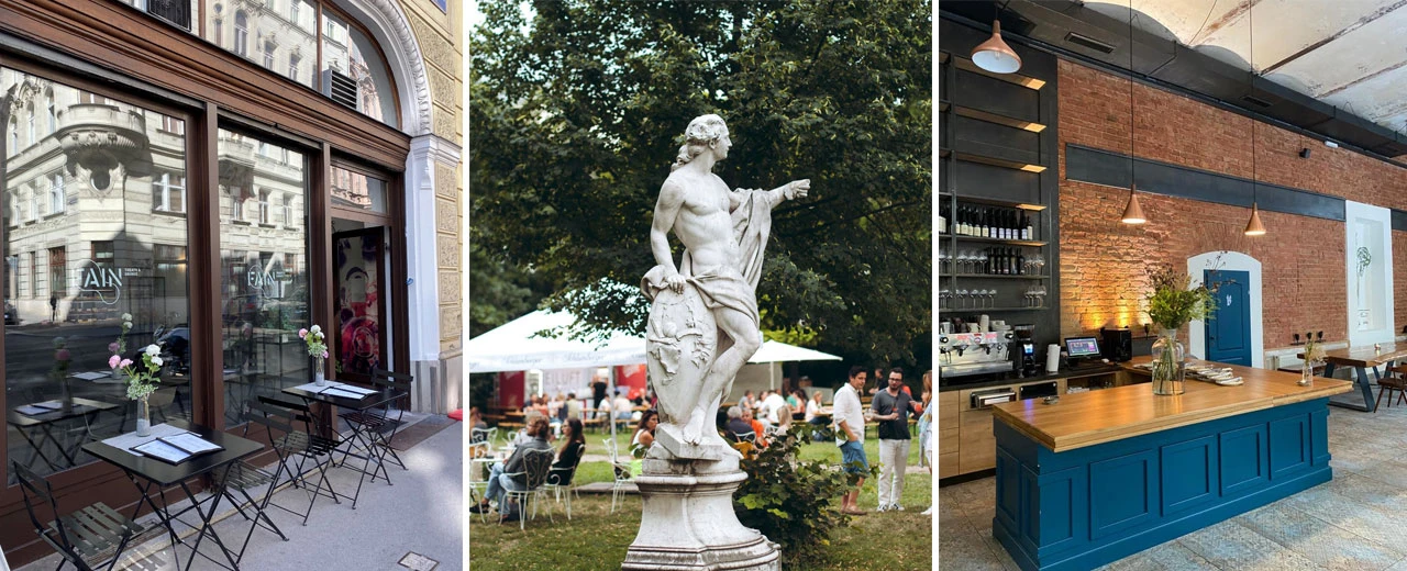 © Mila Zytka Bild eines Restaurants mit Außenterrasse, Gartenbereich mit Skulptur und modernem Innenraum. Mit Adobe Photoshop CS6 erstellt.