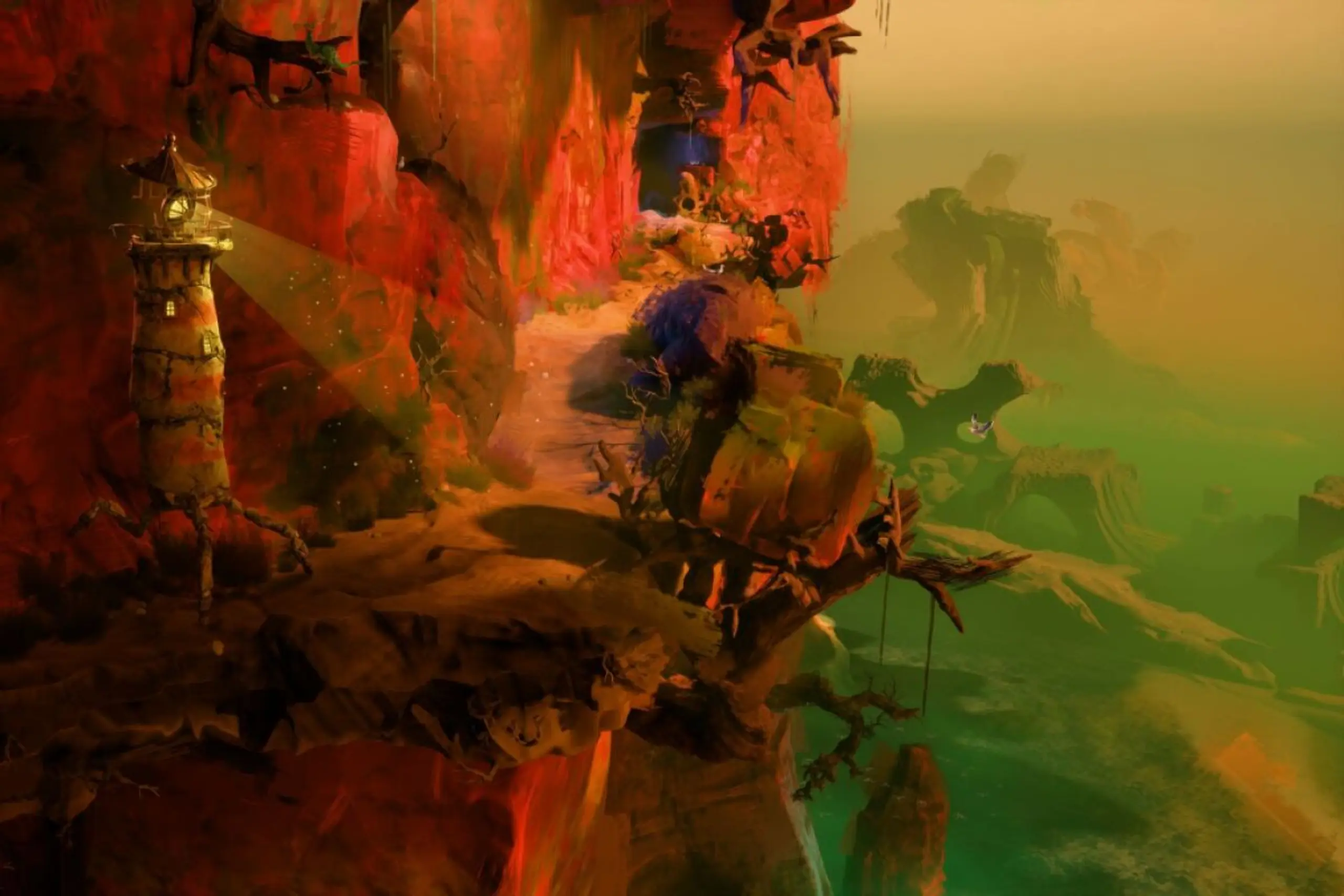 Der Leuchtturm unterwegs auf einem schmalen Pfad am Abgrund