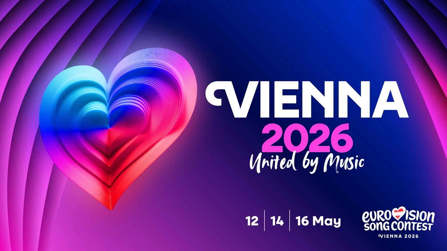 Eurovision Song Contest Vienna 2026 Plakat mit stilisiertem Herz, Schriftzug und Datum