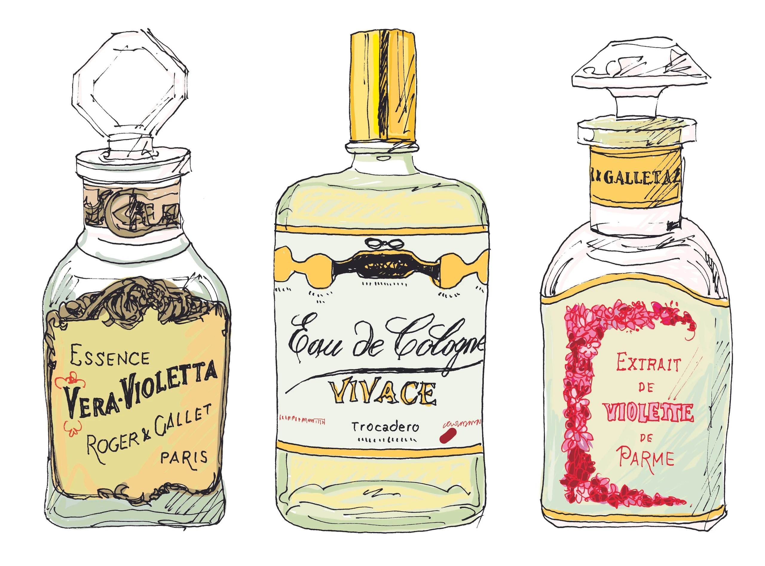 Bunte Zeichnungen von drei alten Parfum bzw. Extrakt-Flaschen